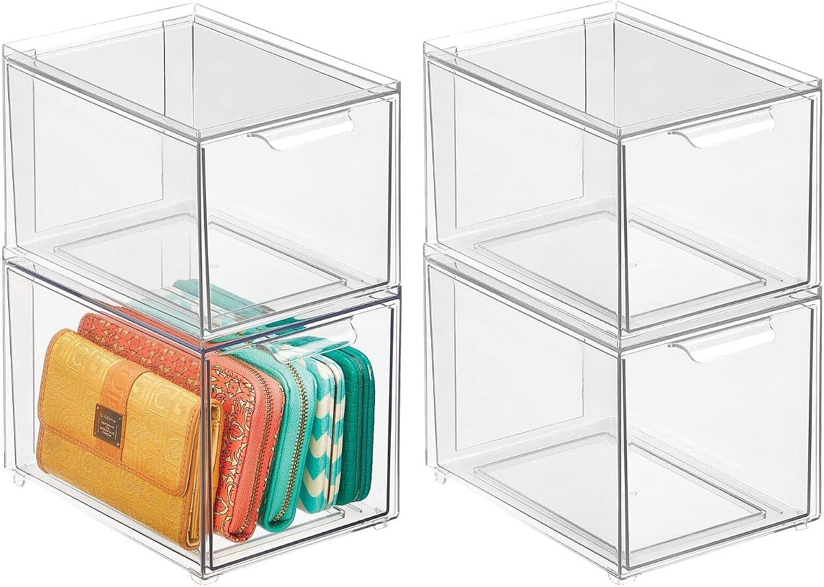 Shoe Storage Box with Drawer – Sturdy Plastic Storage Box for Shoes – Stackable Drawer Box for Shoes, Accessories and More – Pack of 4 – Clear