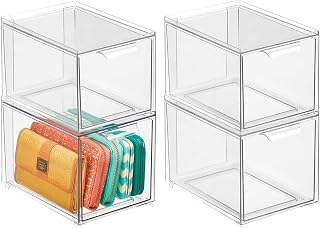 Shoe Storage Box with Drawer – Sturdy Plastic Storage Box for Shoes – Stackable Drawer Box for Shoes, Accessories and More – Pack of 4 – Clear