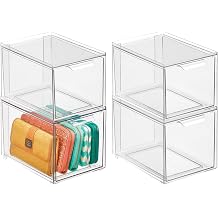 mDesign Shoe Storage Box with Drawer Sturdy Plastic Storage Box for Shoes Stackable Drawer Box for Shoes, Accessories and More Pack of 4 Clear