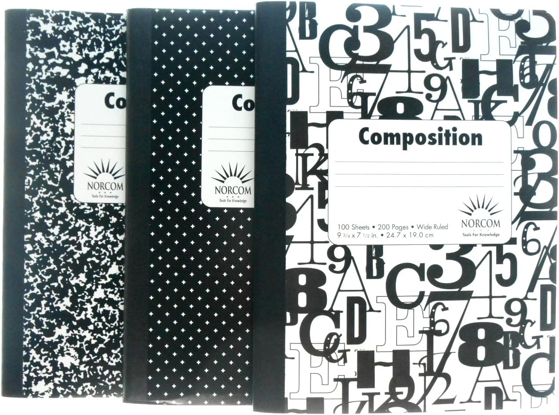 (Pack of 3) "Wide Ruled" Black and White Composition Notebooks (One of Each Style)
