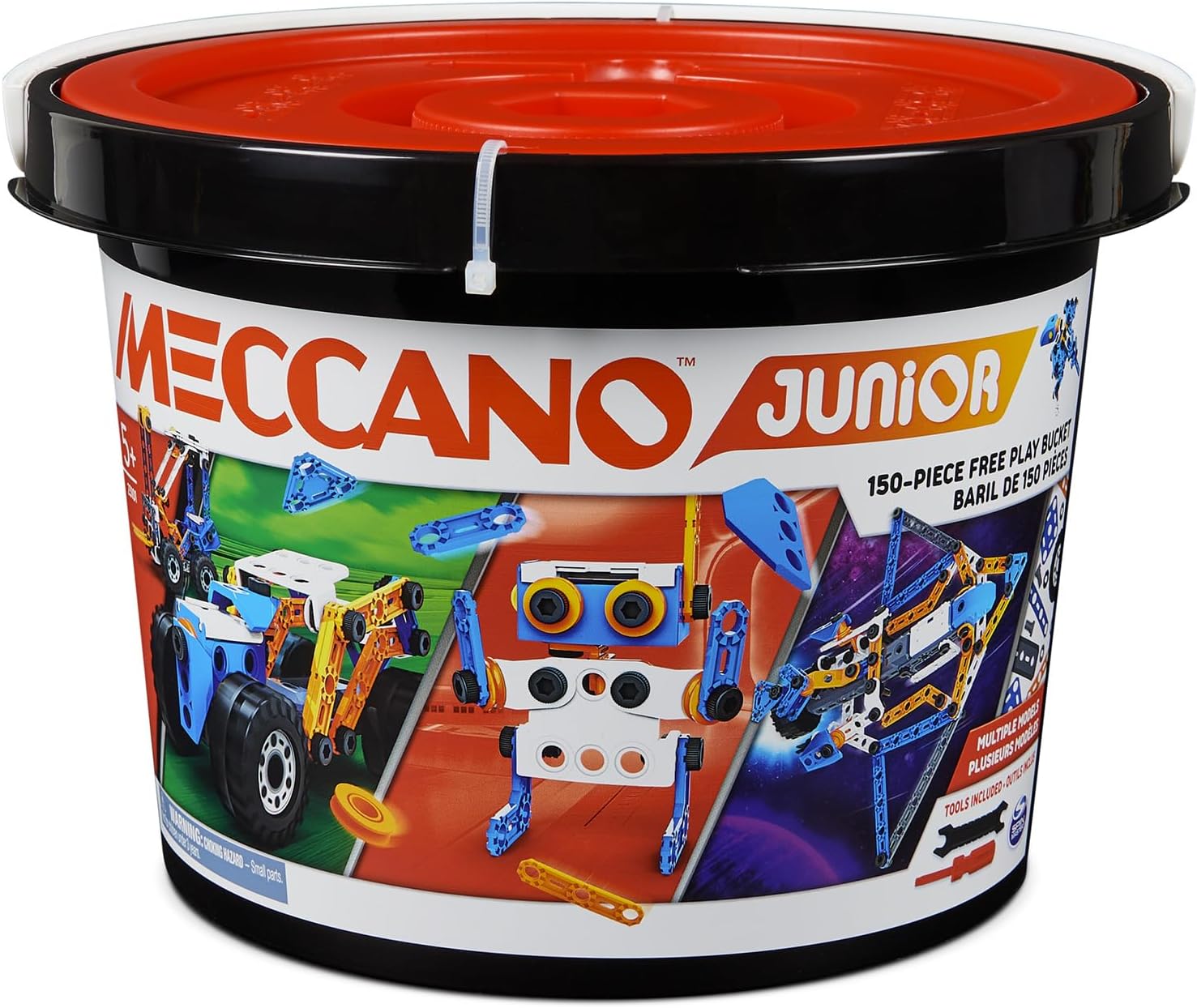 BANDAI - Meccano Junior Barile 150 pezzi - Kit di Costruzione 5 Modelli, 2 attrezzi, istruzioni, secchio con manico - Kit Attività assemblaggio giocattoli e veicoli - Giocattolo Bambini 5+ - APM19103