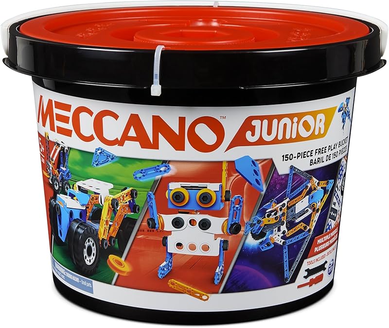 BANDAI - Meccano Junior Baril 150 pièces - Coffret de Construction 5 modèles, 2 Outils, Notice, Seau de Rangement - Kit Activité Assemblage Jouets et véhicules - Jouet Enfant 5 Ans et + - APM19103