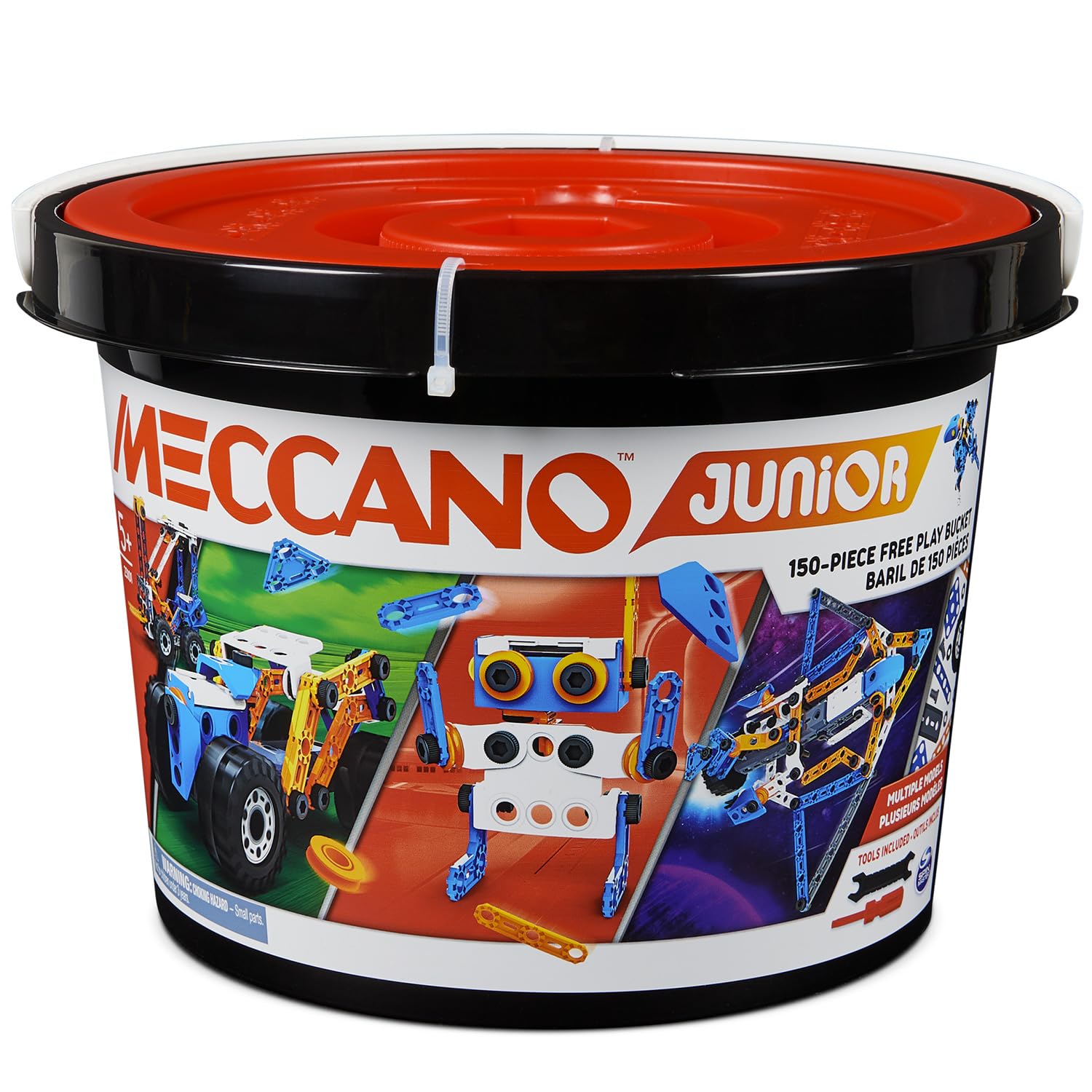BANDAI - Meccano Junior Fass 150 Teile - Konstruktionsset 5 Modelle, 2 Werkzeuge, Anleitung, Aufbewahrungseimer - Aktivitäts-Kit Zusammenbau Spielzeuge & Fahrzeuge - Spielzeug ab 5 Jahren - APM19103