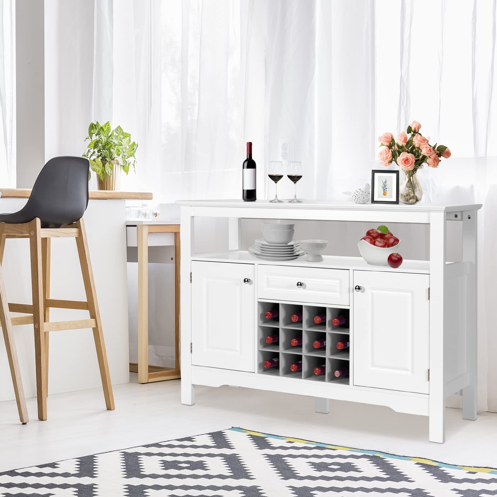 GOPLUS Sideboard mit Weinregal, Küchenschrank mit Offenem Regal, 1 Schublade & 2 Türen, Beistellschrank für Wohnzimmer, Küche & Esszimmer, 117 × 40,5 × 85,5 cm (White)