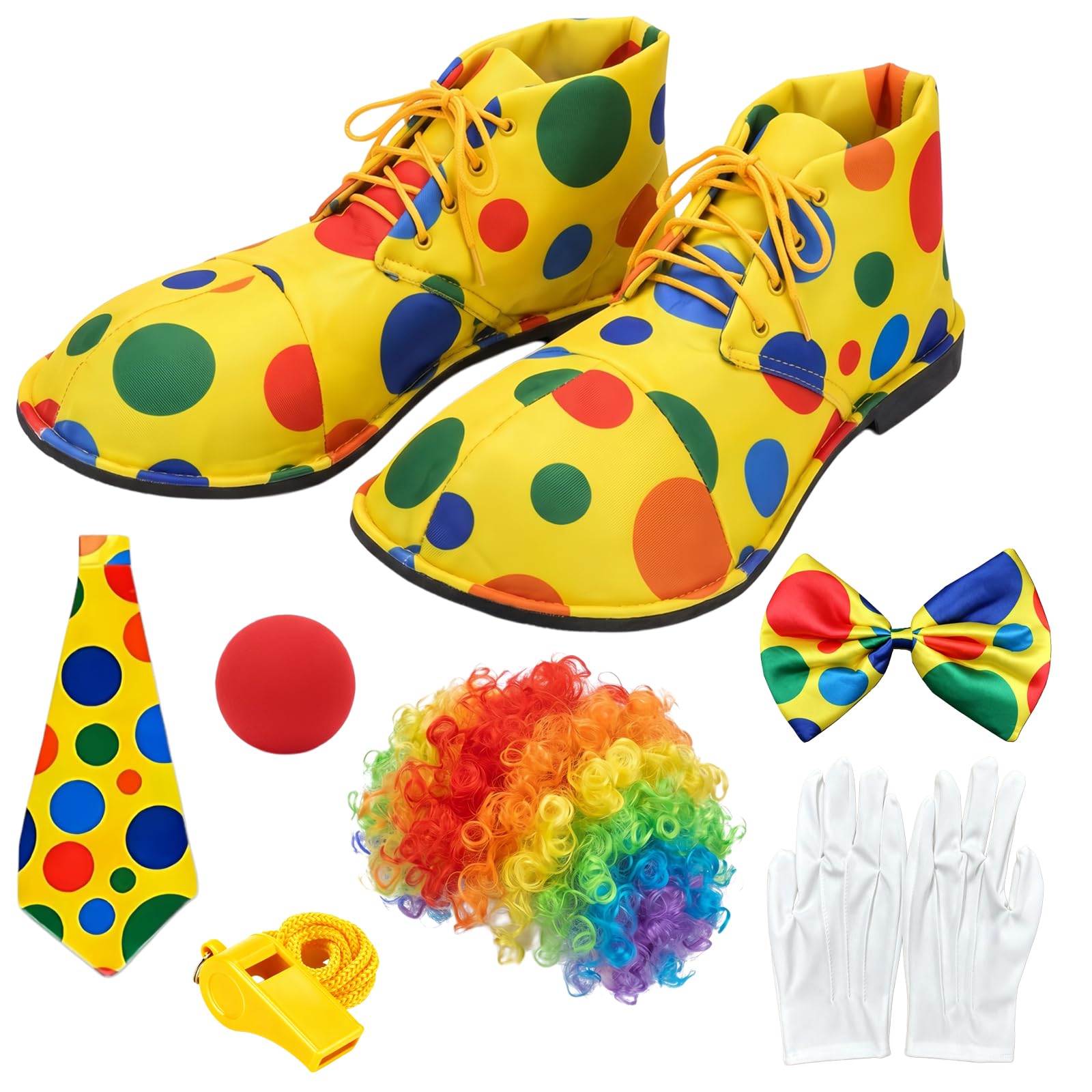 LIUQOBN 7PCS Clown Costume Set, Clown Shoes Wig, Red Nose, Bow Tie, White Gloves, Polka-dot Bow Tie, A Yellow Whistle, Fancy Dress Outfit, For Halloween Carnival Circus Themed Parties