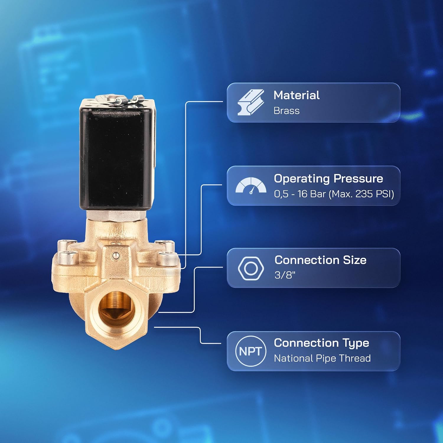 UNOX 3/8" NPT Solenoid Valve 110V AC, Brass Control Valve Normally Closed - 7-232 PSI Multi-Purpose Reliable Control Valve for Water and Air - Solenoid Valves