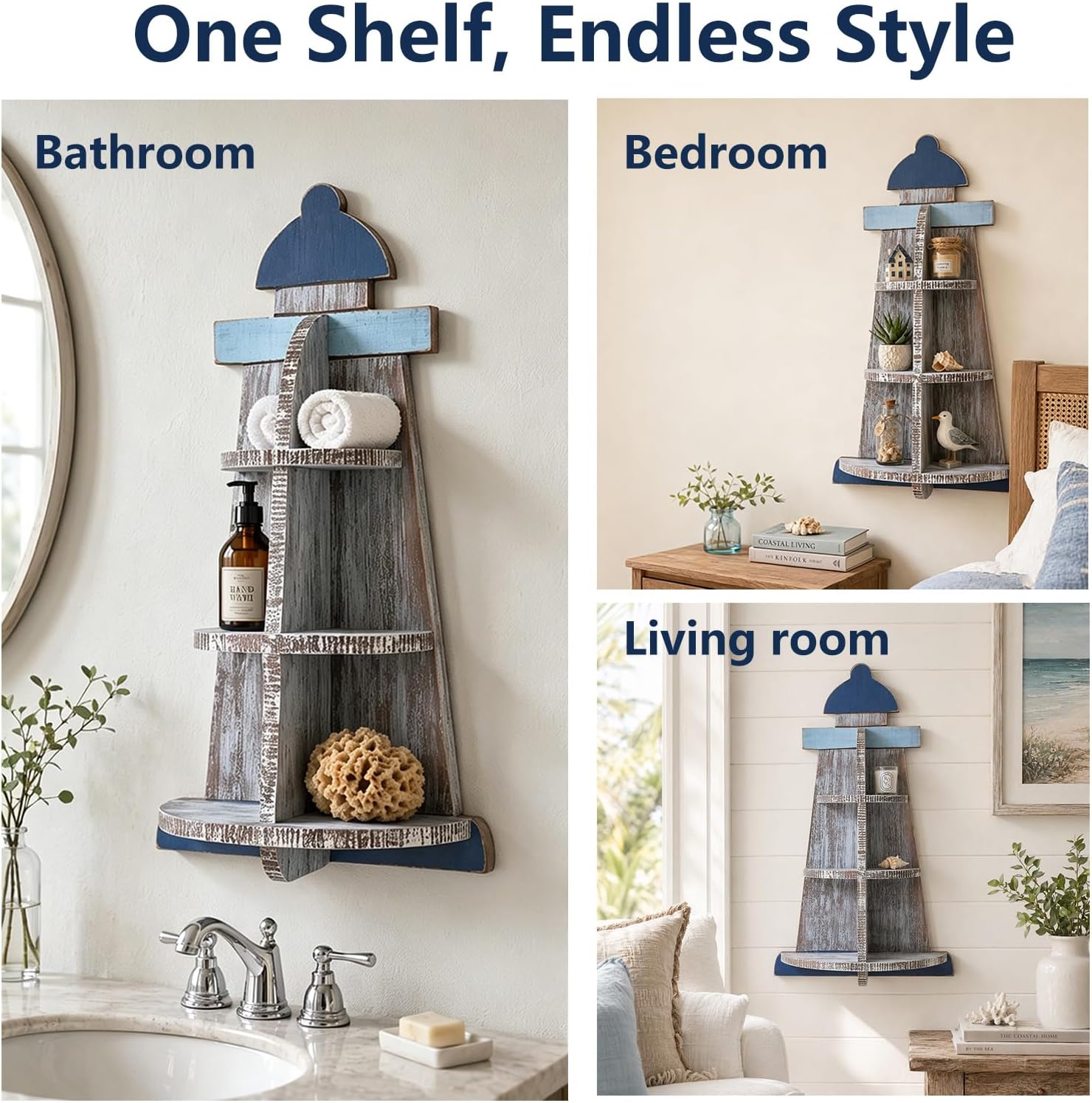 Nautical Lighthouse Wall Shelf, Rustic Beach Wooden Lighthouse Decor Shelf,Coastal Wall Art Floating Storage Organizer for Bathroom,Living Room,Bedroom,Lake House