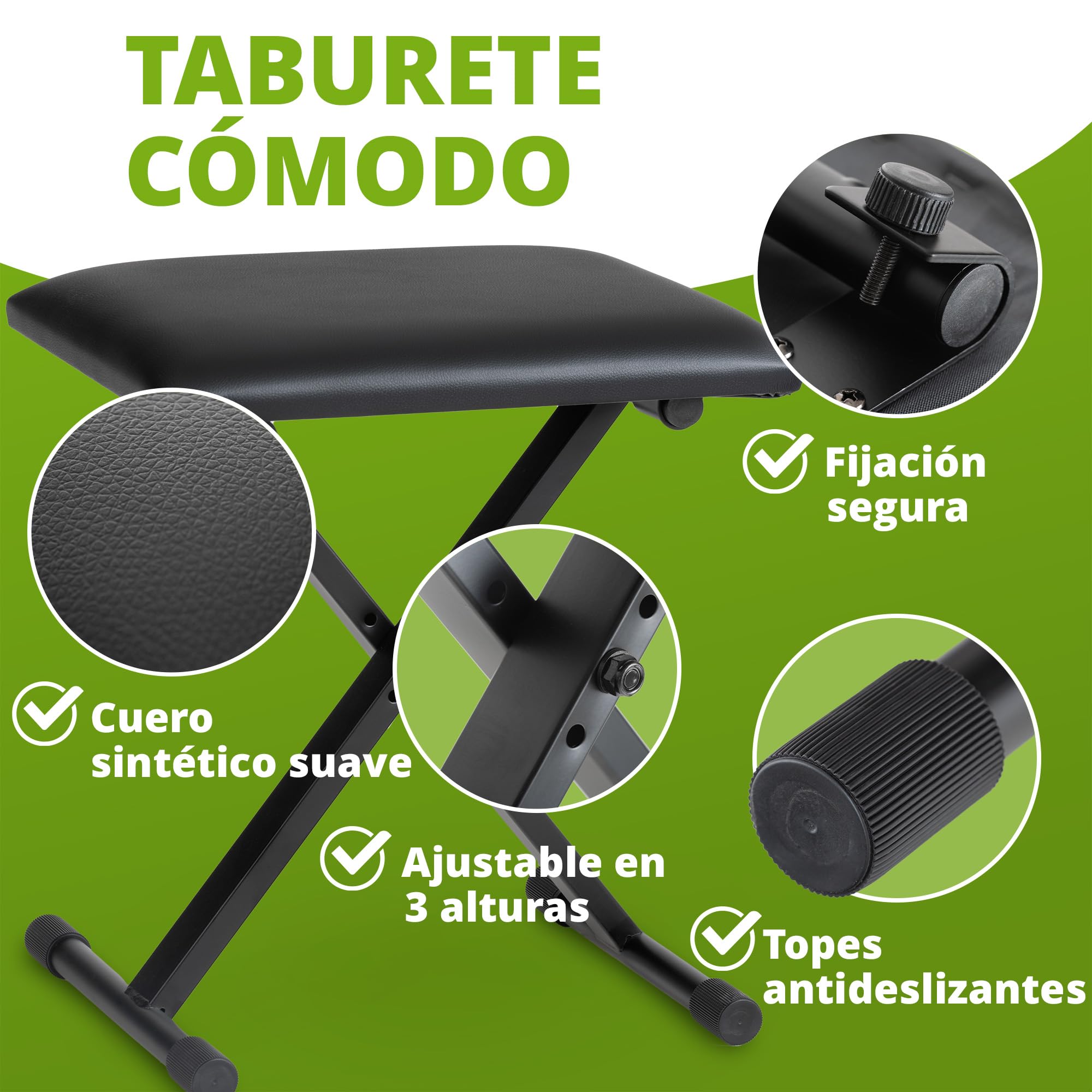 Classic Cantabile Set de Teclado Soporte de Teclado en X Ajustable en 5 Alturas - Banco para Teclado Acolchado Ajustable en 3 Alturas – Soporte Plegable Estable y banqueta cómoda - Negro