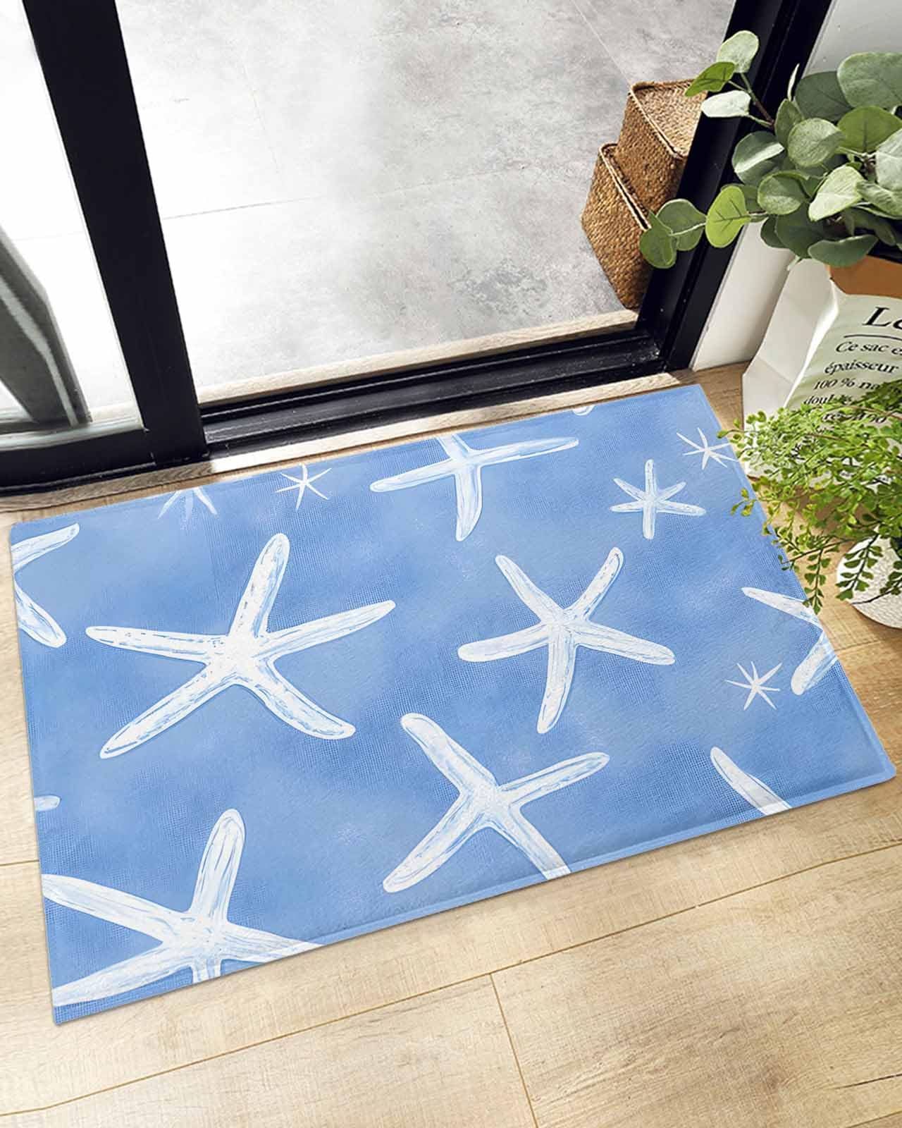 Indoor Doormat Watercolor Coastal Blue Ocean Starfish,Shaggy Floor Mat with Non-Skid Backing Nautical Marine Creature,Machine Washable Plush Area Rug Carpets for Kitchen Nursery Bedroom