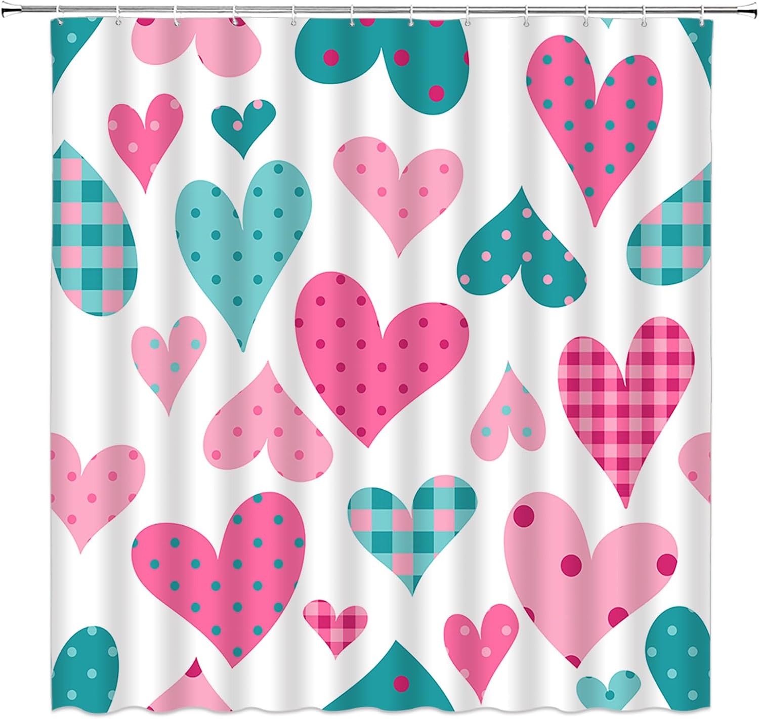 GCTNBJL Valentine's Day Shower Curtain Hot Pink Teal Heart Dot Checkered Plaid Sweet Love Romantic Women Girl Extra Long Bathroom Home Curtain with Hooks,70" Wx78 H