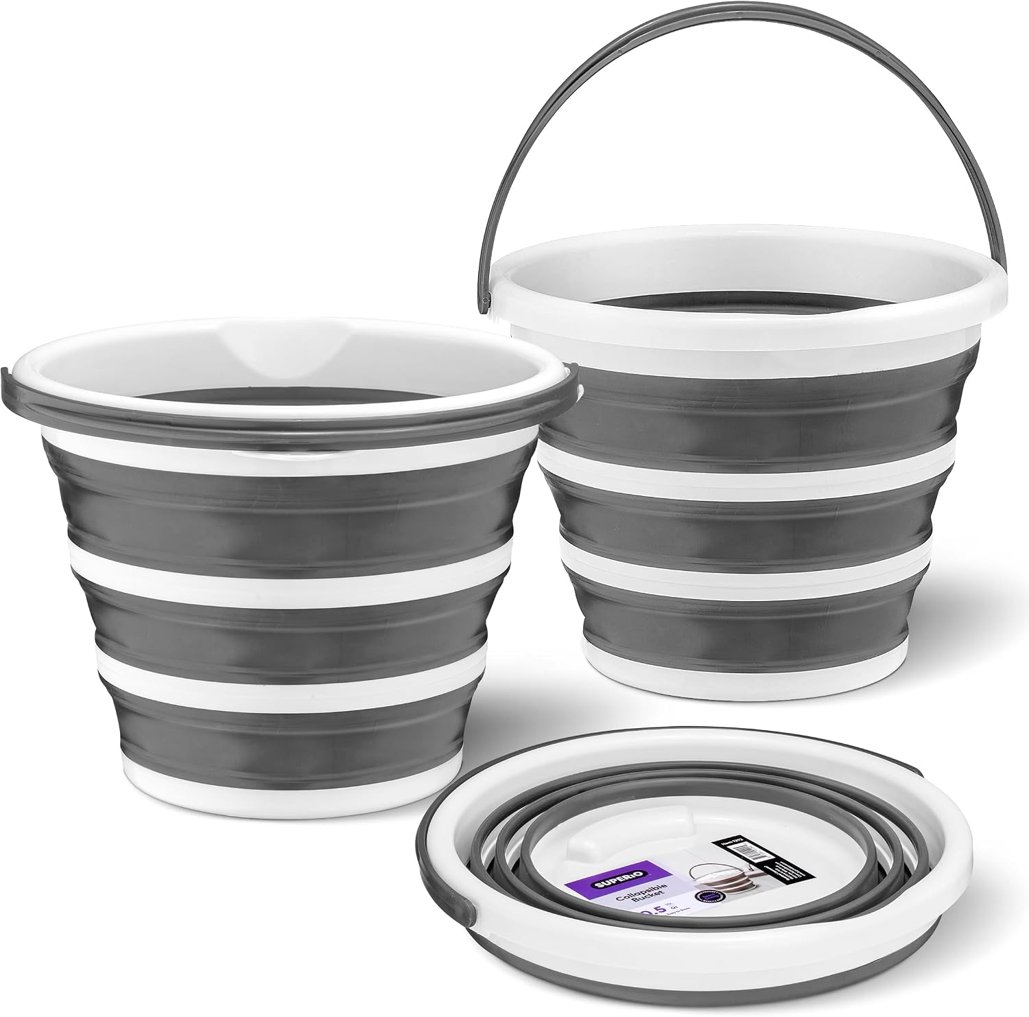 Superio Collapsible Bucket 2 Gallon Bucket with Handle Grey Car Wash Bucket Small Foldable Silicone Pail for Camping, Fishing, Cleaning, Mopping, 10 Liter
