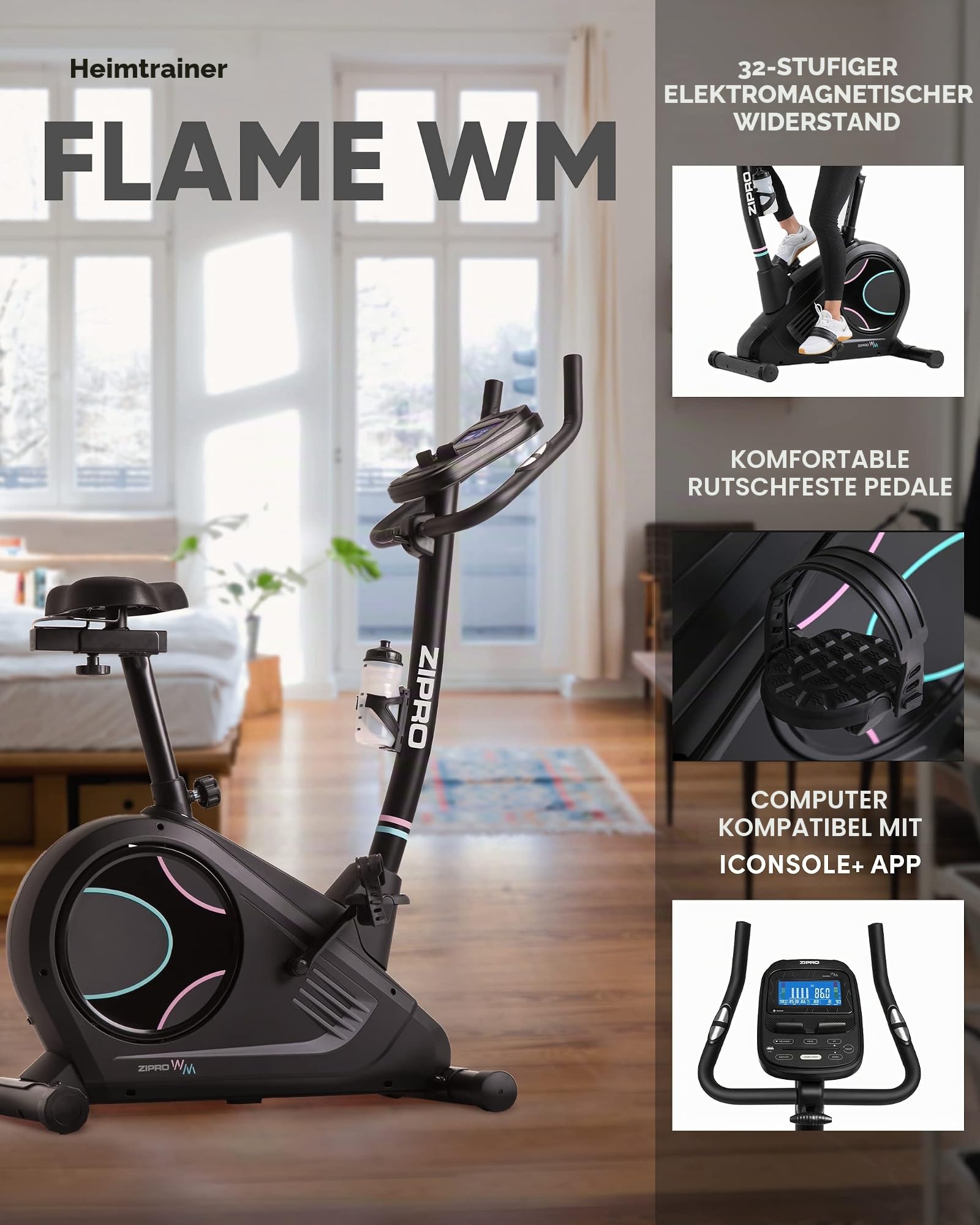 Zipro Heimtrainer Fahrrad Flame, Ergometer Fitnessbikes, Magnetisches Fahrradtrainer, Ergometer Fahrrad bis 150kg, Indoor Bike, Trainingsfahrrad für zuhause, Fahrradergometer Kabelgebunden