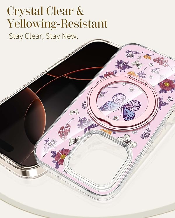 Loheckle for iPhone 16 Pro Max Case with Stand- Compatible with MagSafe Women Girls Cute Girly Unique Design Soft TPU Magnetic Ring Phone Cover for Apple 16 Promax, Butterfly Flower by Loheckle - Used condition - Image 4