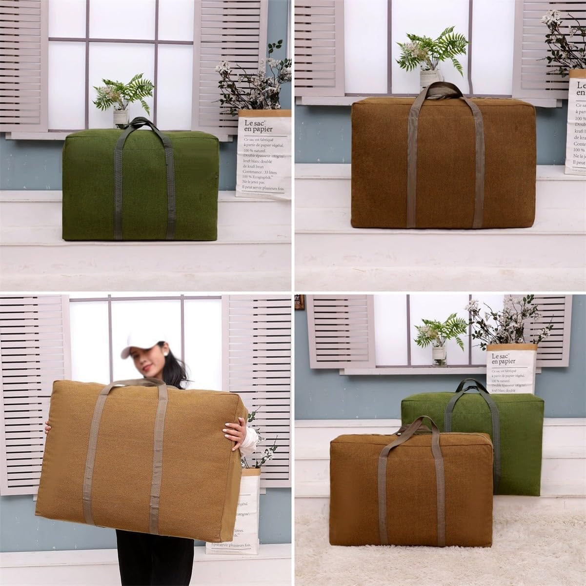 Heavy Duty Canvas Moving Storage Bag Reinforced Strap Handles, Durable Quilt Clothes Duffel Organizer Bag for Moving House Dorm Closet Storage(Green,70x50x22cm)