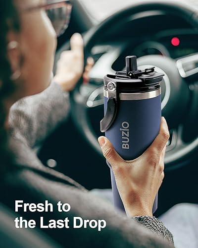 Miniatura 6 de BUZIO Vaso de 40 onzas con asa, vaso de agua aislado con tapa 2 en 1 y popote, vaso de acero inoxidable con doble pared recubrimiento de polvo, taza