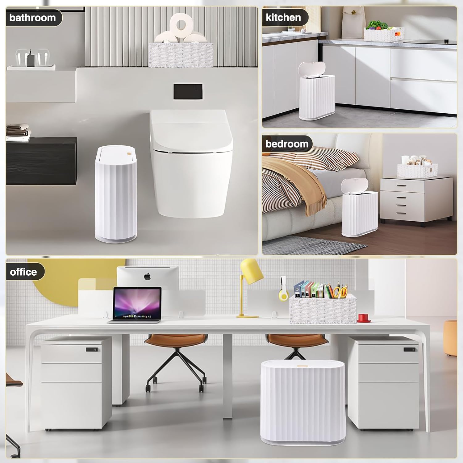 XLHOMO Small Bathroom Trash Can with Press Type Lid, 2Pcs Wicker Storage Baskets,Slim White Garbage Can,Slim Plastic Narrow Trash Bin 2.6 Gallon Garbage Bin for Office, Bedroom