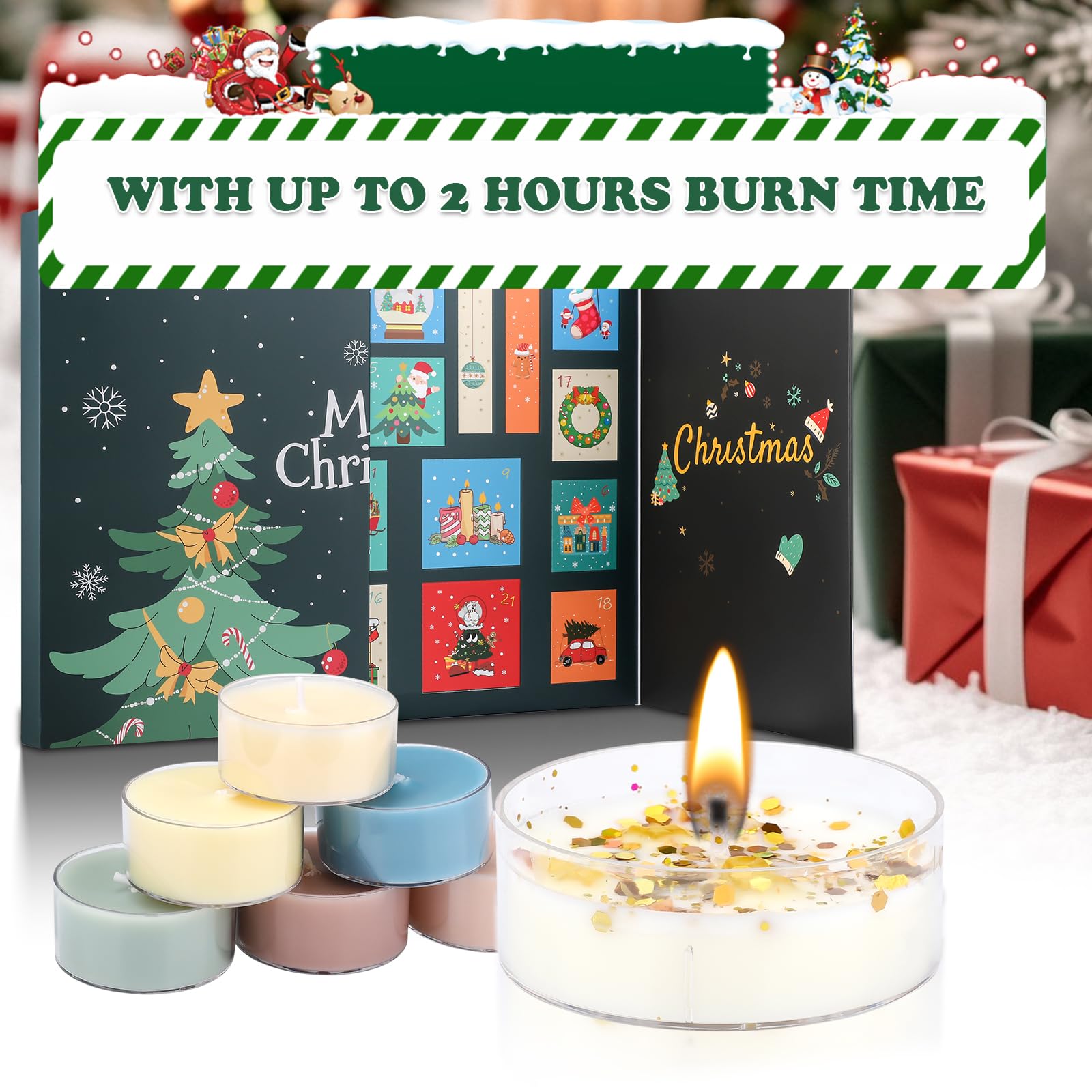 Candele profumate Calendario dell'Avvento con 24 diverse candele profumate, calendario dell'Avvento 2025, candele profumate Natale, circa 30,8 x 21,2 x 2 cm (Natale verde)