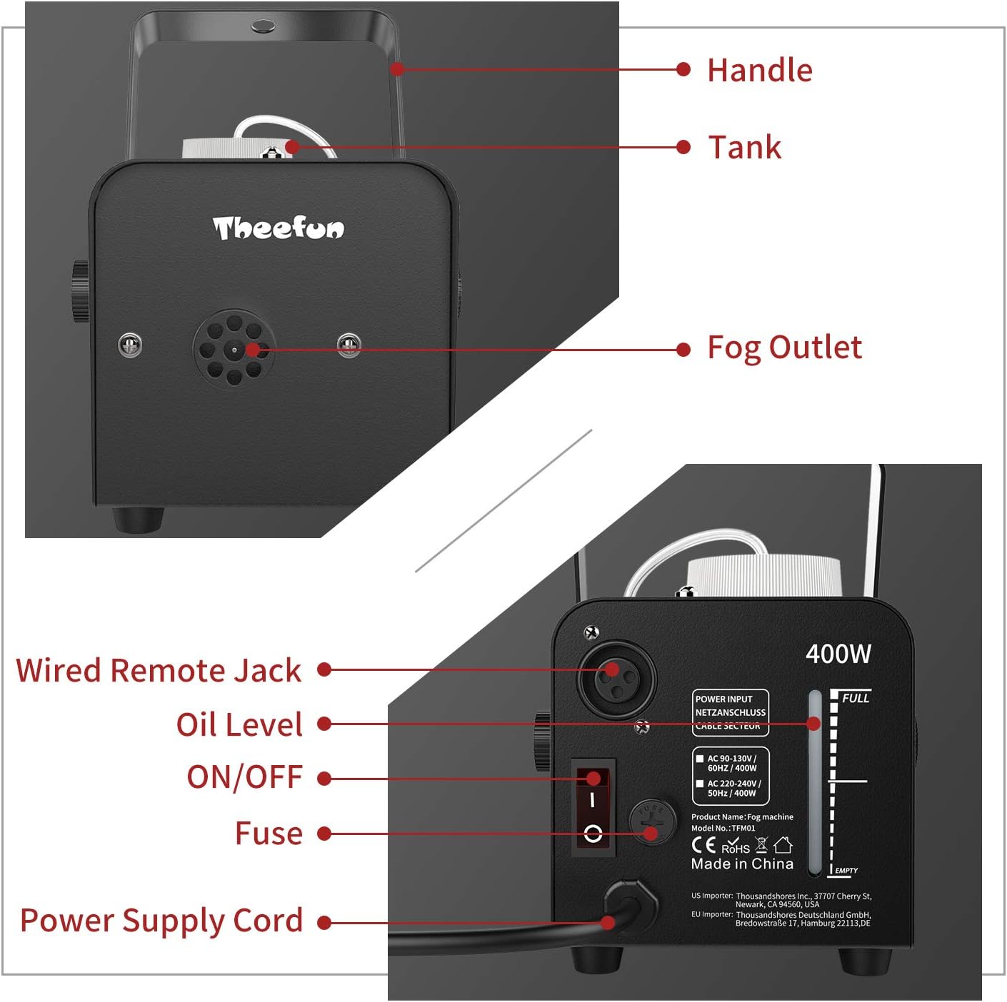 Fog Machine, Theefun 400W Smoke Machine with 2000CFM Fog, Wired and Wirelss Remote Control Fog Machine for Halloween Wedding Party and Stage Effect