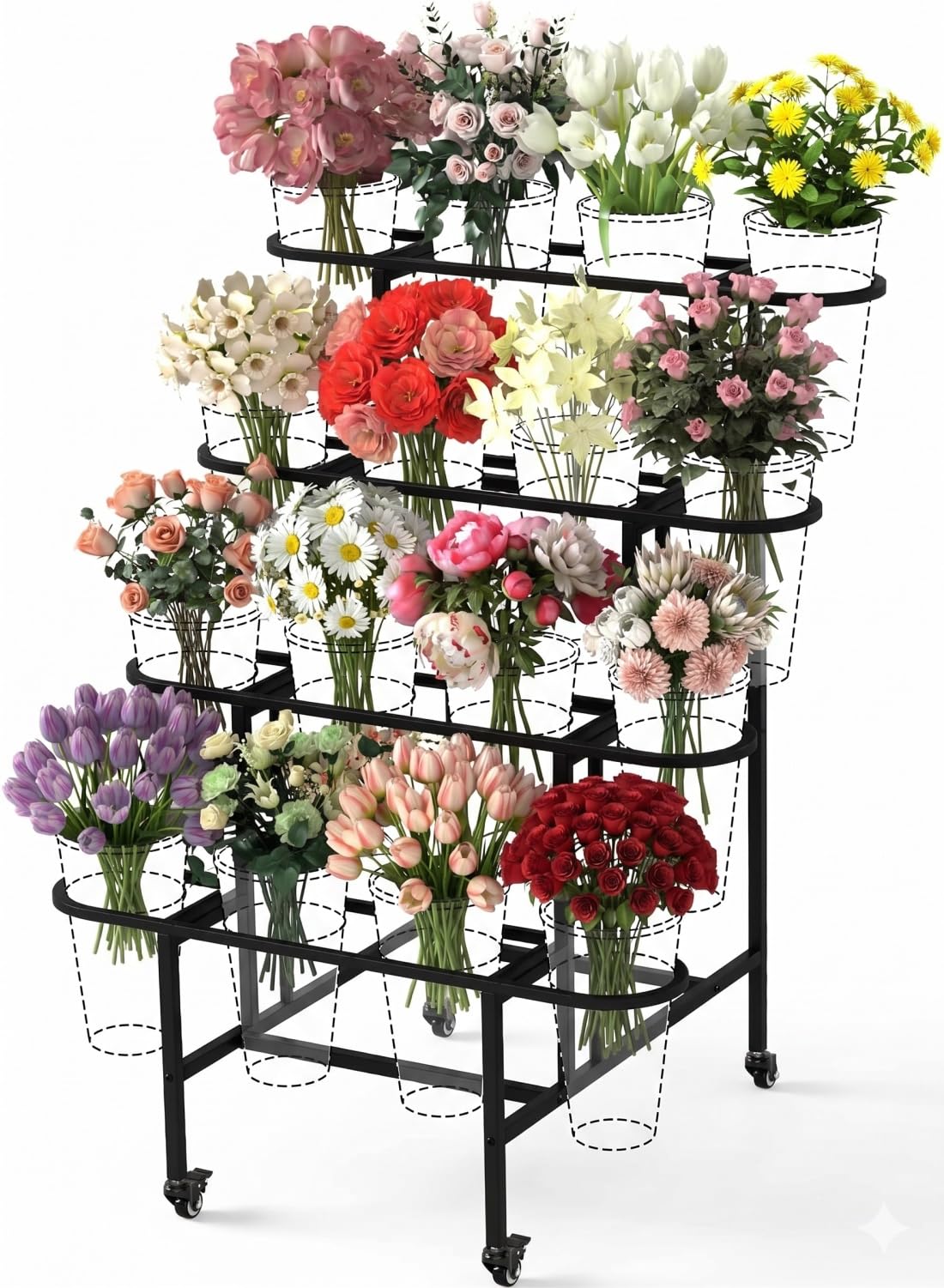 Présentoir à fleurs à 4 niveaux en métal robuste sans seaux chariot de jardin noir mobile