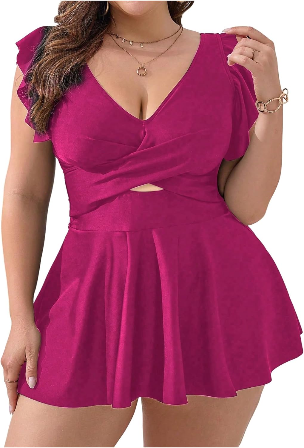 OYOANGLE Women's Plus Size Swimsuit Cover Up Cap Sleeve V Neck Ruffle Swim Dress Coverups
