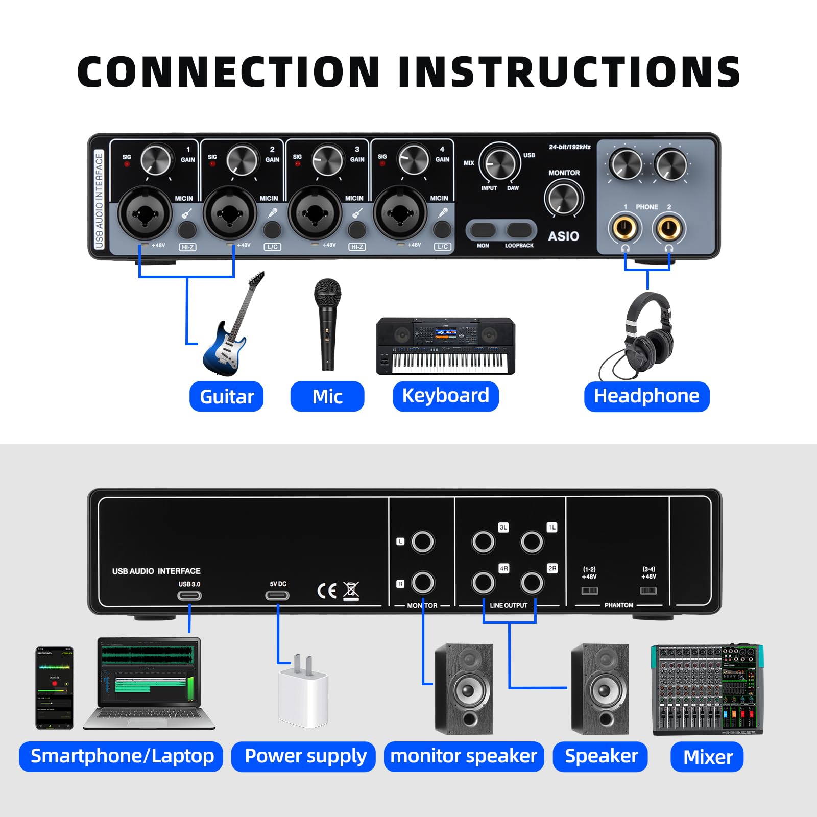 Depusheng USB Audio Interface with ASIO Drivers 4 Channel | Grabación de Audio