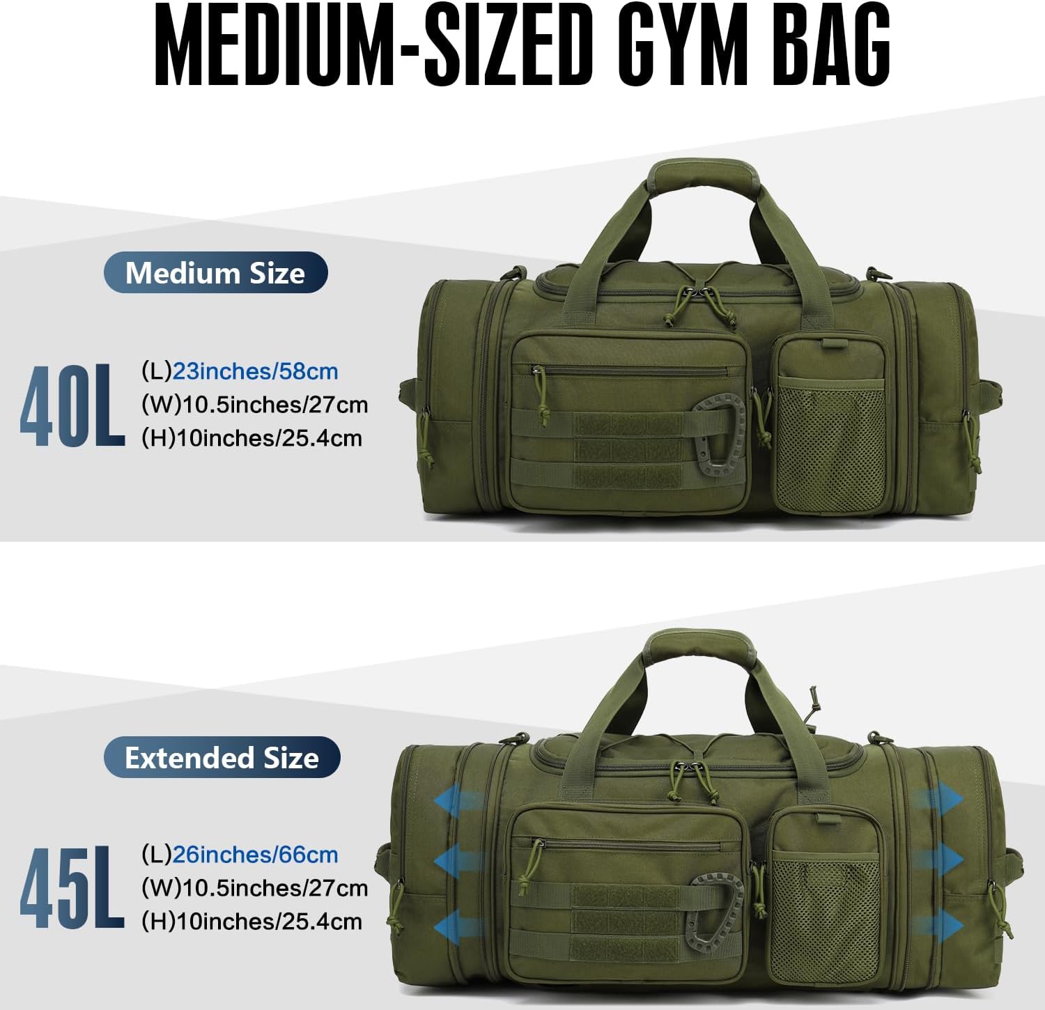 3 in 1 Tactical Gym Bag Backpack for Men 40-45L Expandable Travel Duffle Bag for Women Military Sport Duffel Bags Weekend Overnight with Shoe Compartment & Wet Pocket for Fitness, Green