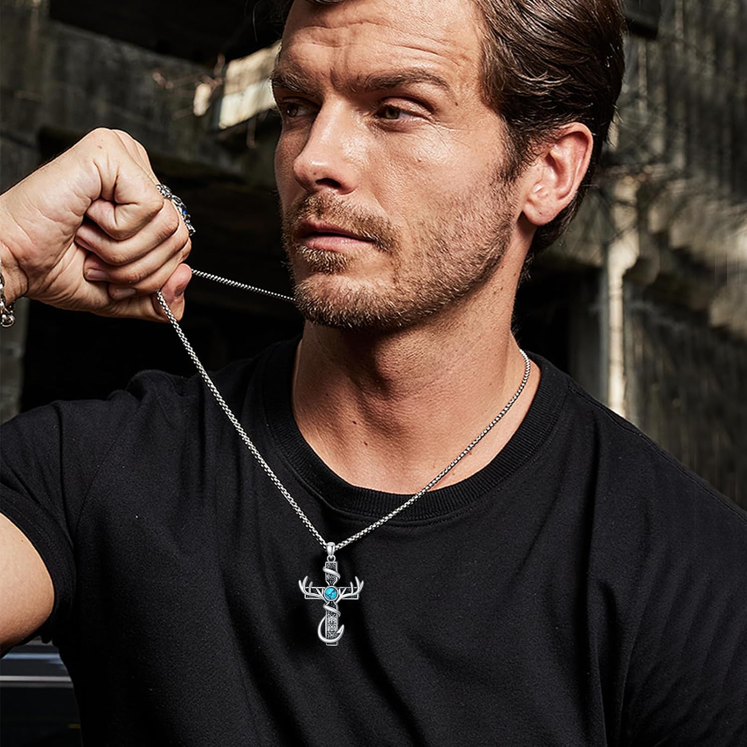 Hunting Cross Necklace 925 Sterling Silver Antler Pendant Fish Hook Necklace Deer Jewelry Hunting Gifts for Men Hunters Dad - Image 3
