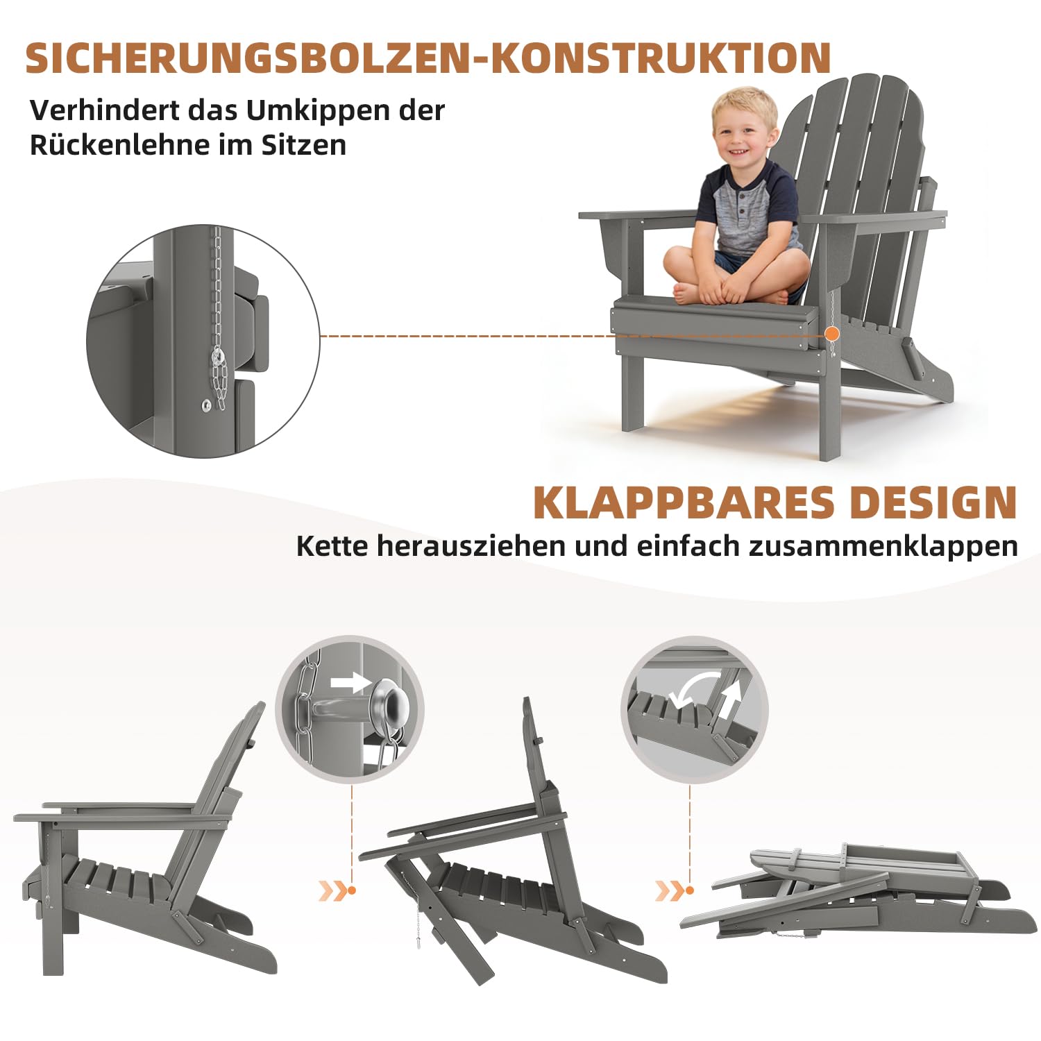 Mdeam Adirondack Stuhl Klappbar, Gartenstuhl mit Rückenlehne & Armlehnen für Garten Terrasse, Adirondack Chair Wetterfestes HDPE, Grau