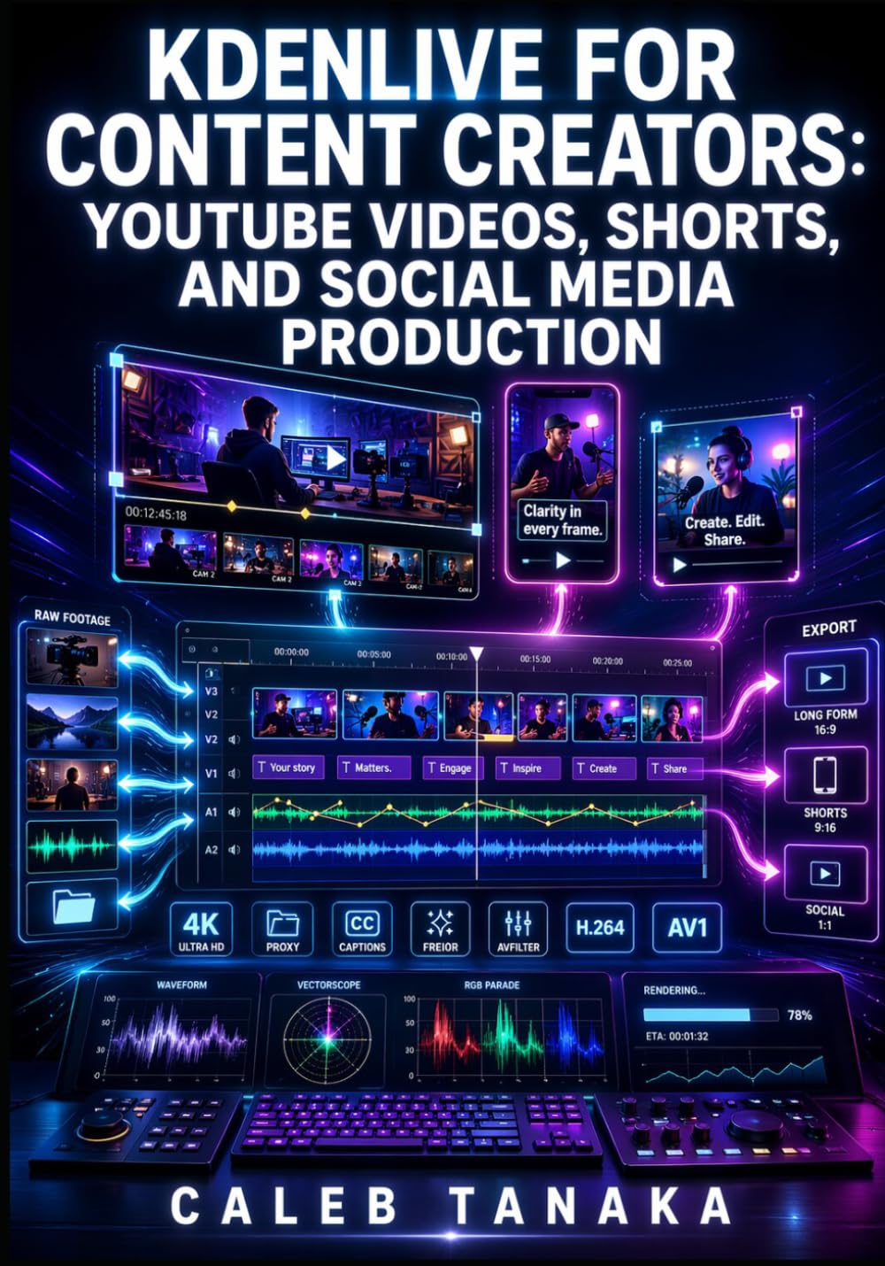 KDENLIVE FOR CONTENT CREATORS: YOUTUBE VIDEOS, SHORTS, AND SOCIAL MEDIA PRODUCTION: Edit Multicam Footage, Apply Frei0r Effects, Export H.264 and AV1, and Automate Proxy Workflows for 4K Content