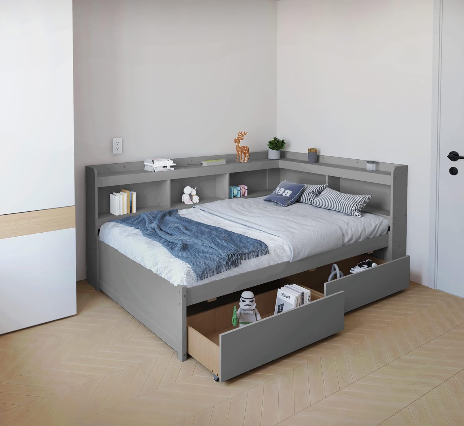 DEINPPA Full Size Platform Bed with LShaped Bookcase and 2