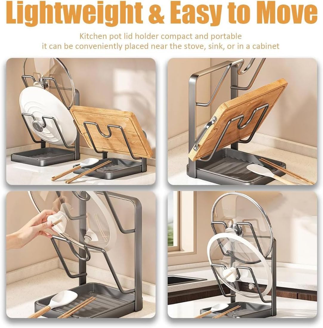 GDSAFS Kitchen Pot Lid Storage Rack, Pot Lid Holder With Tray, Lid Holder While Cooking, Lid And Spoon Rest, Multifunctional Kitchen Organizer Stand for Stove Top (Gray, Double-layer) - Image 6