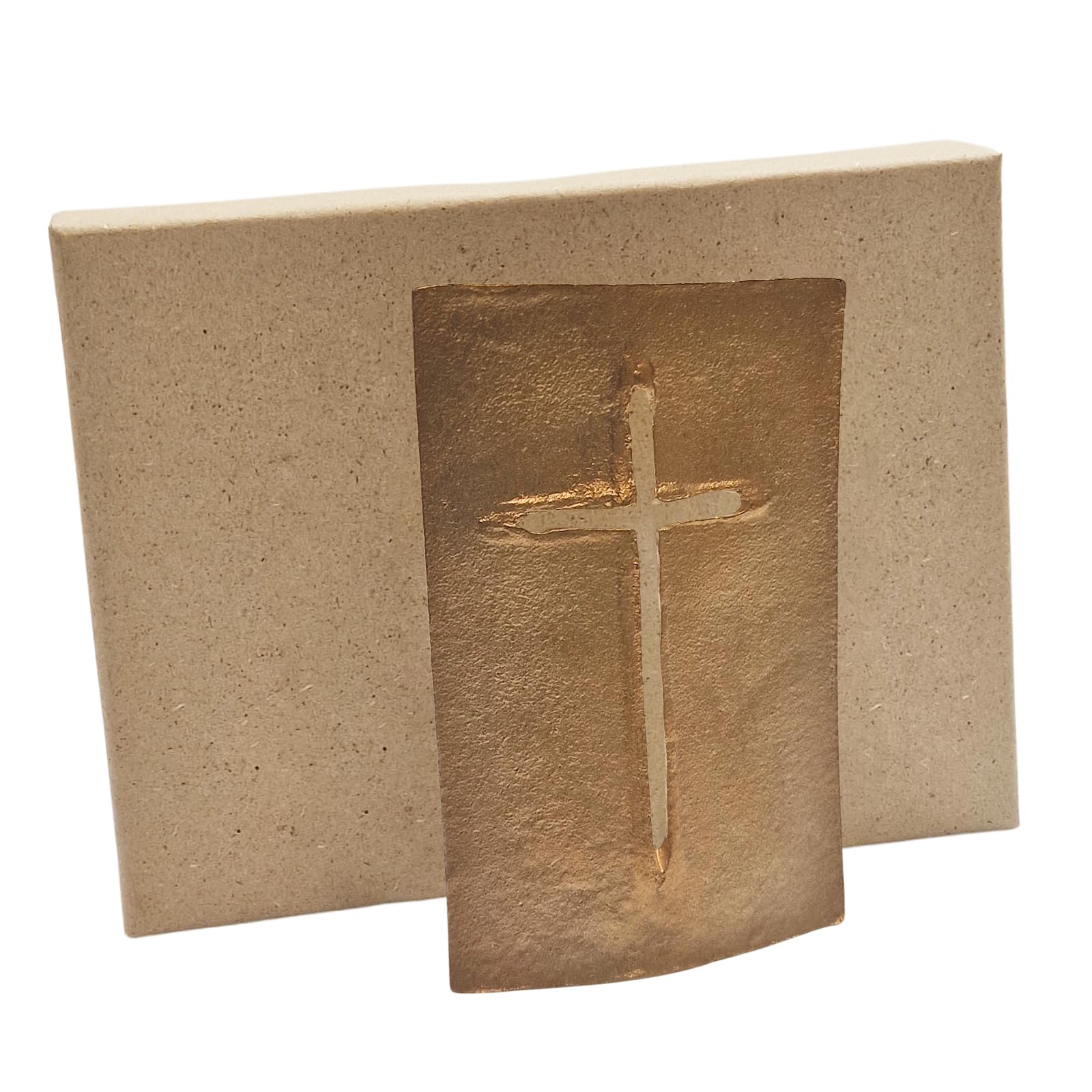 Herzmensch Kleines goldenes Kreuz 5,5 x 8,5 cm zum Hinstellen aus massiver Bronze - modern, edel, stehend als religiöses Geschenk zur Hochzeit, Kommunion, für Priester