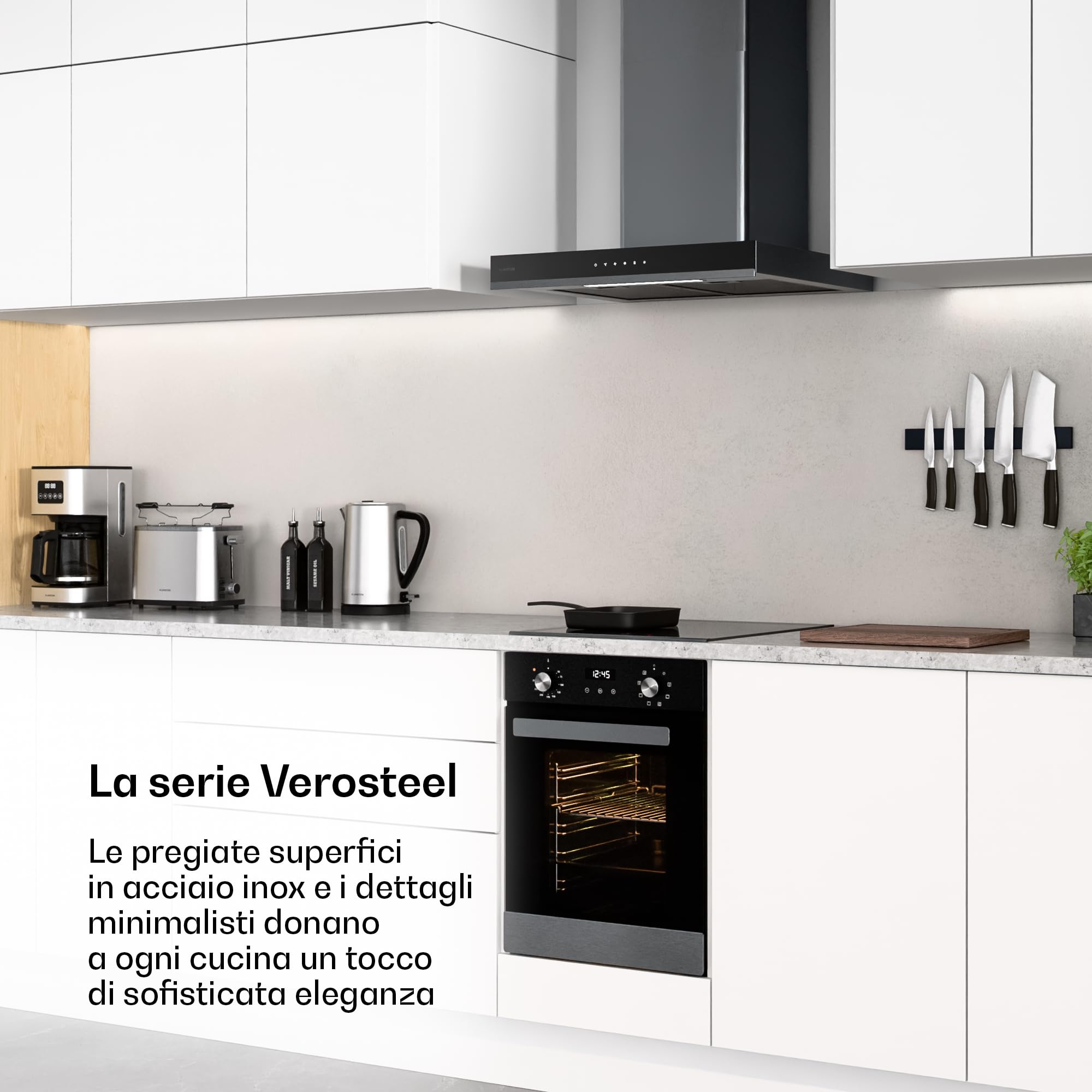 Klarstein Verosteel Forno da Incasso 45 cm - 49L, 8 Funzioni, Classe A, Timer, Doppio Vetro, Facile da Pulire, Acciaio Inox & Vetro Nero, Forno Elettrico Ventilato da Incasso