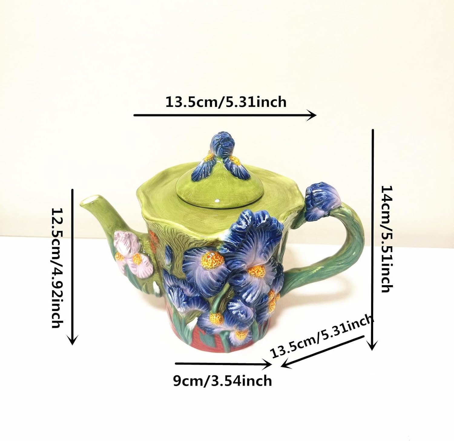 Ceramic Coffee Pot, 3D Hand-Painted 40oz Lrises Flower Teapot, Home Décor
