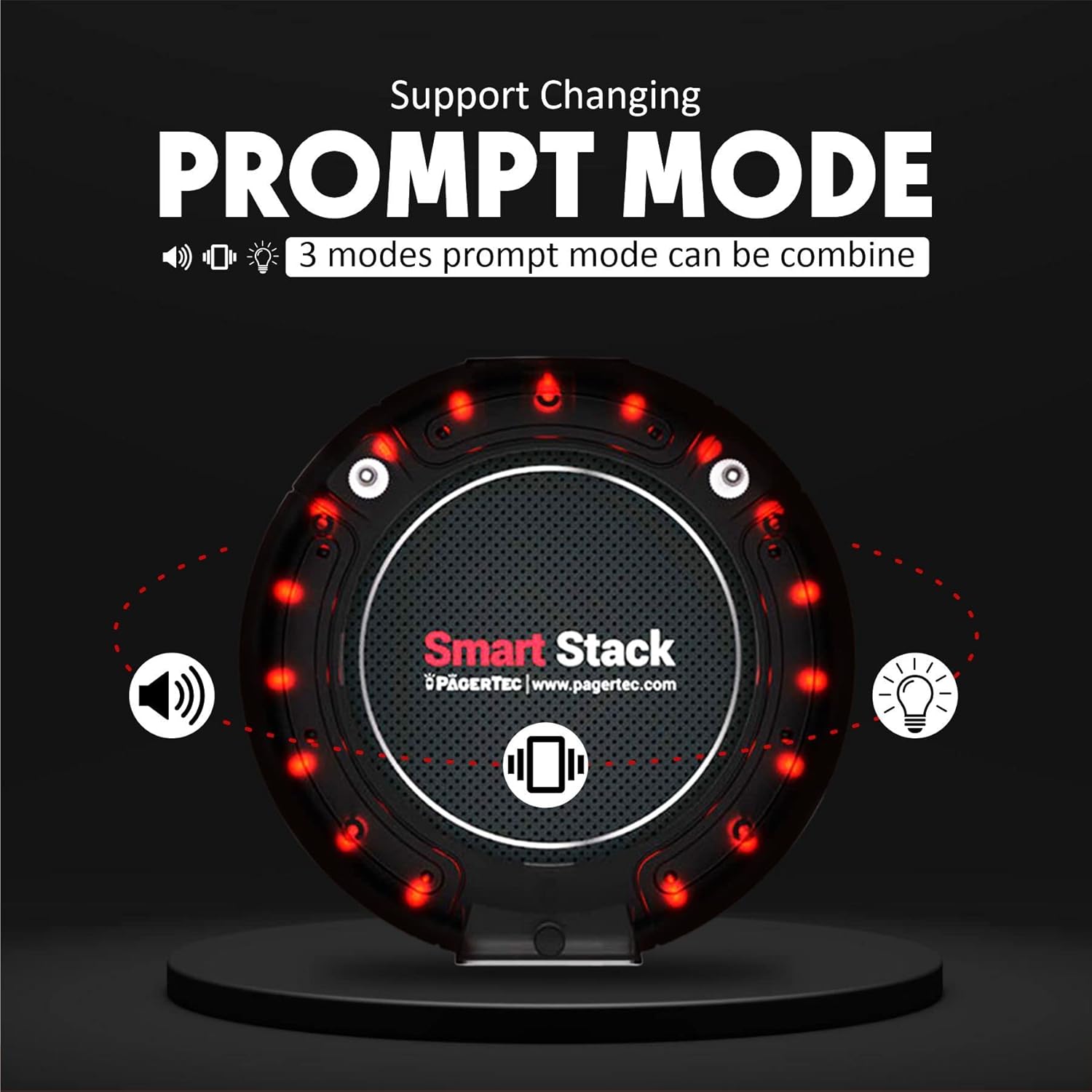 PagerTec coaster pager illustrating three prompt modes: sound, vibration, and light