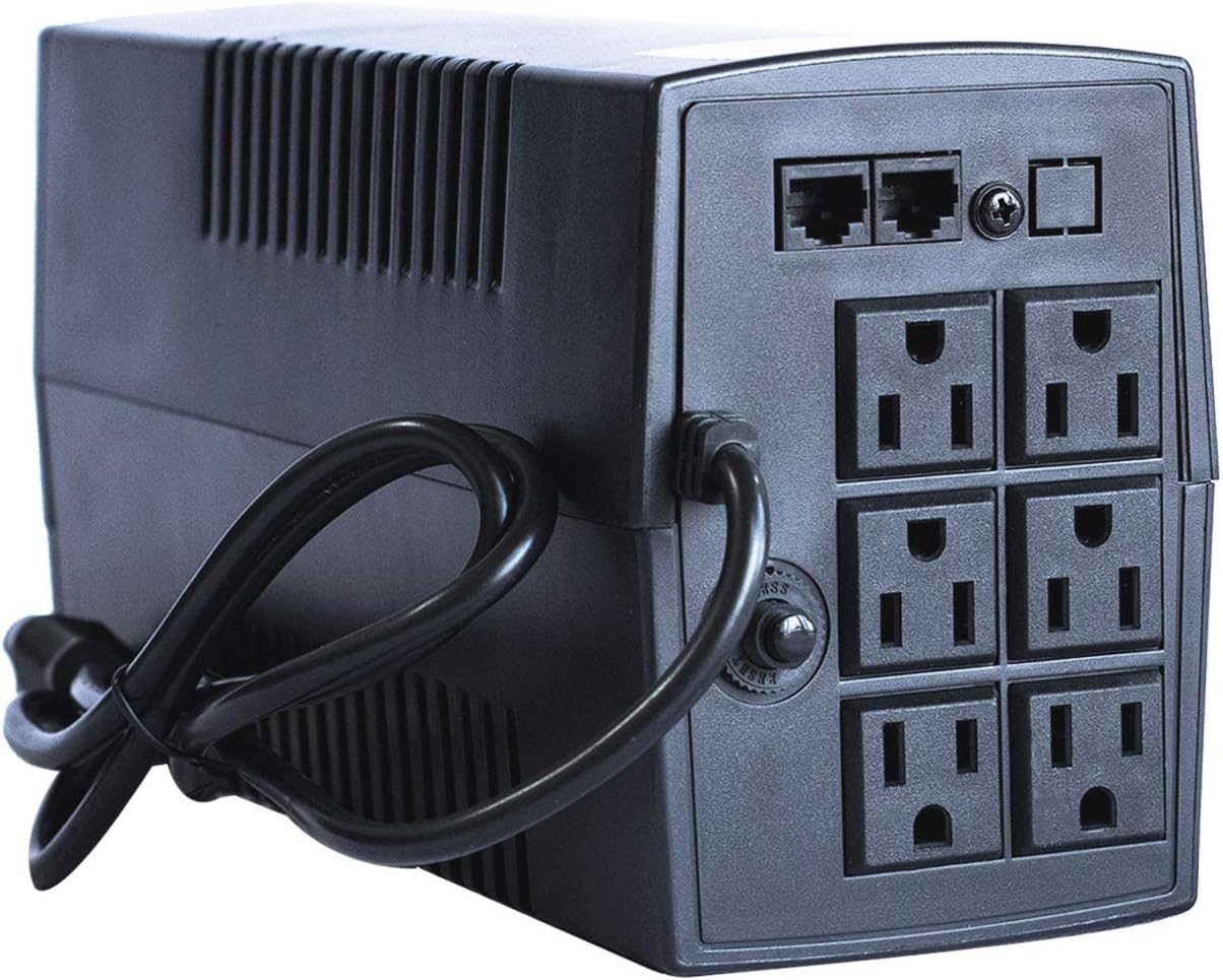 Rear view of Smartbitt SBNB750 UPS, showing six NEMA 5-15R outlets, RJ11/RJ45 ports, and a circuit breaker.