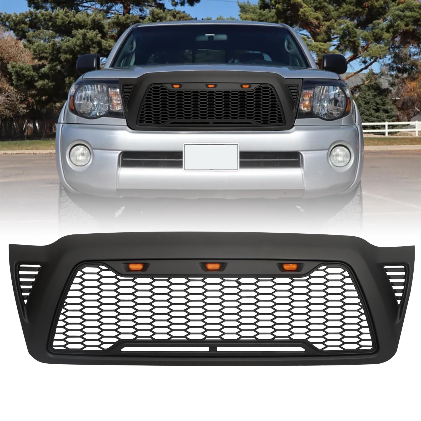 2005 Tacoma Replacement Grill for Tacoma Mesh Grille Compatible For 2005 2006 2007 2008 2009 2010 2011 Tacoma ABS Front Hollow Grill With 3 x LED Lights(Matte Black)