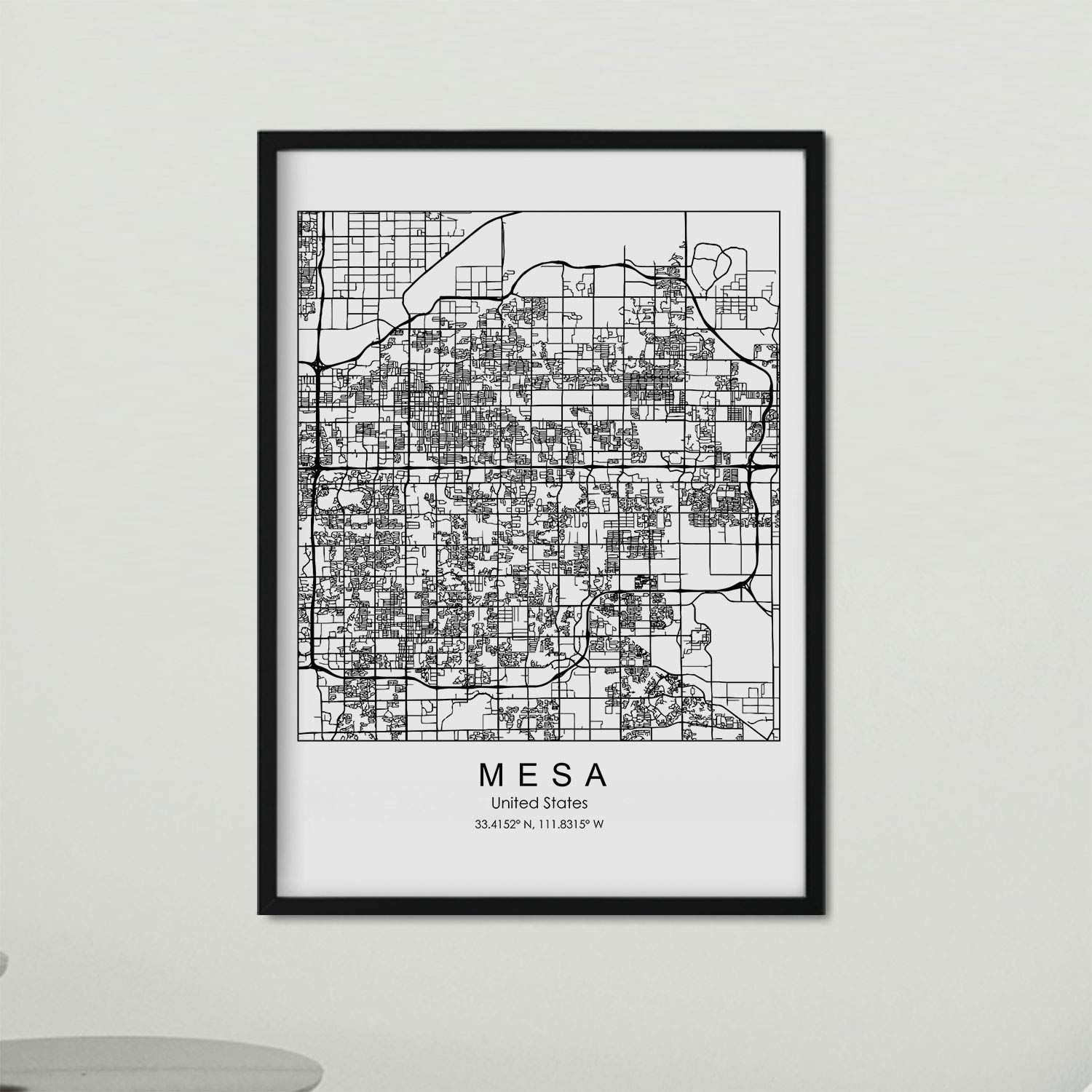 Nacnic Poster with map of Mesa. US film with images of maps and roads of major US cities. A4 size frame