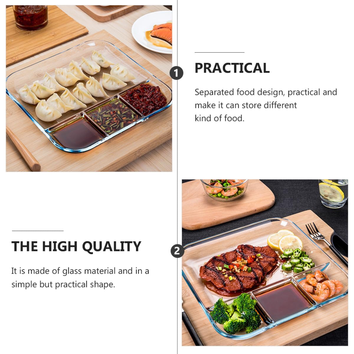 Toyvian 1pc Plateau-repas Compartimenté en Verre Trempé Carré Résistant la Chaleur, Assiette de Collation Solide pour Usage Domestique