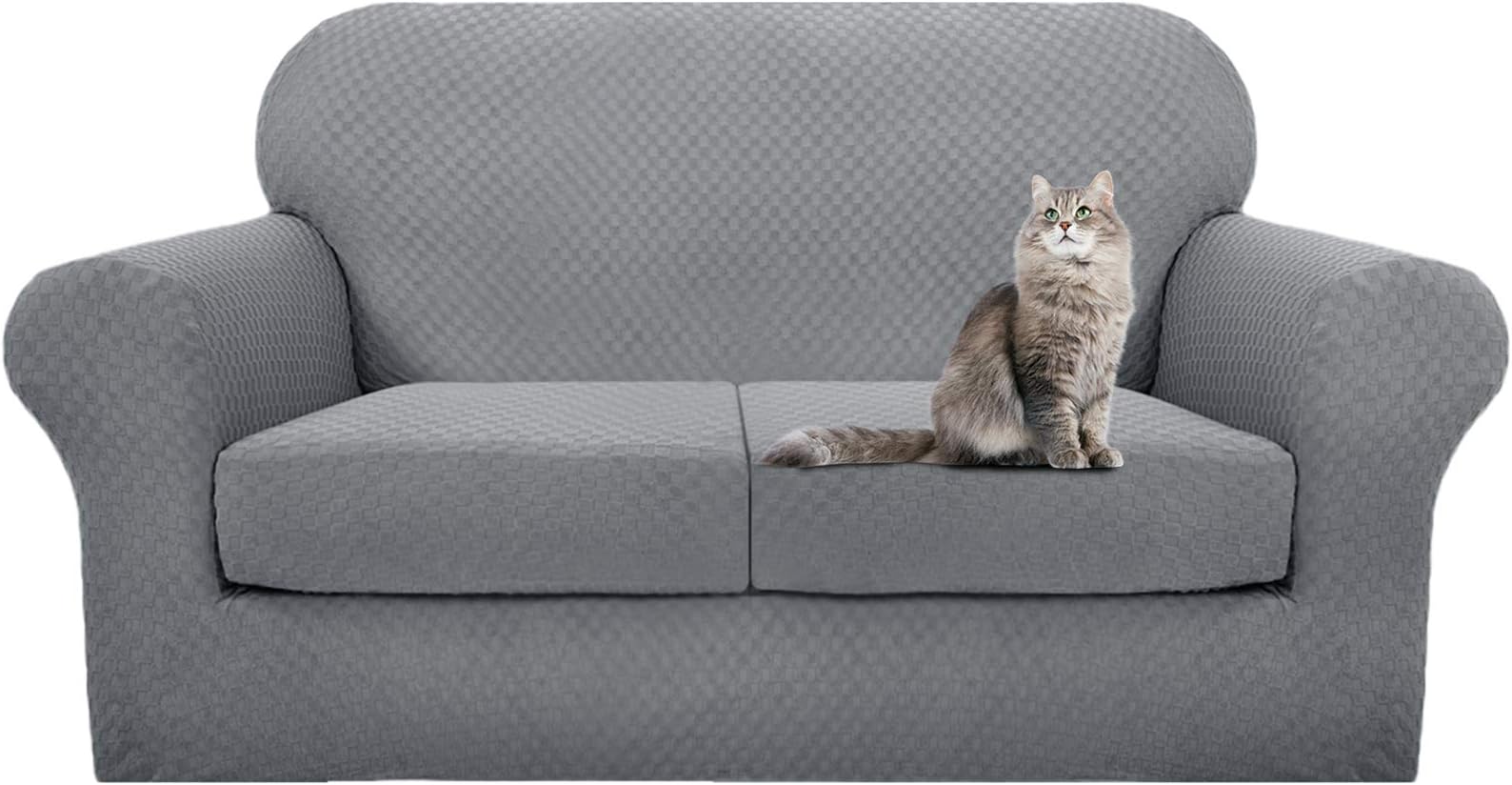 YEMYHOM 3 Pieces Couch Cover Latest Jacquard Design High Stretch Sofa Covers for 2 Cushion Couch, Pet Dog Cat Proof Loveseat Slipcover Non Slip Magic Elastic Furniture Protector (Loveseat, Light Gray)