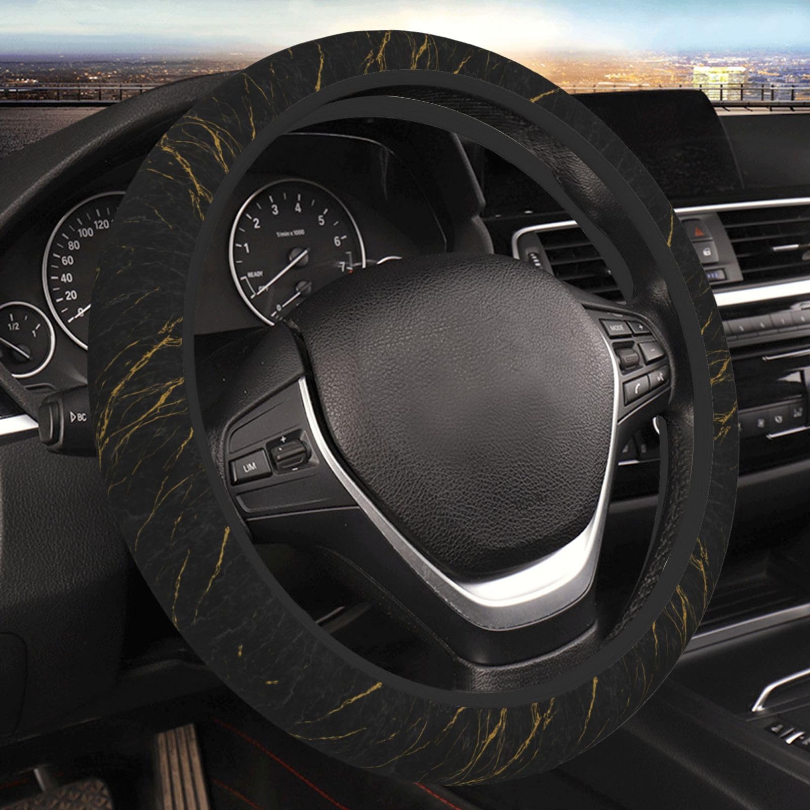 Black And Gold Marble Print Auto Car Steering Wheel Cover Universal 15 Inch Neoprene Interior Decor Protection Accessories
