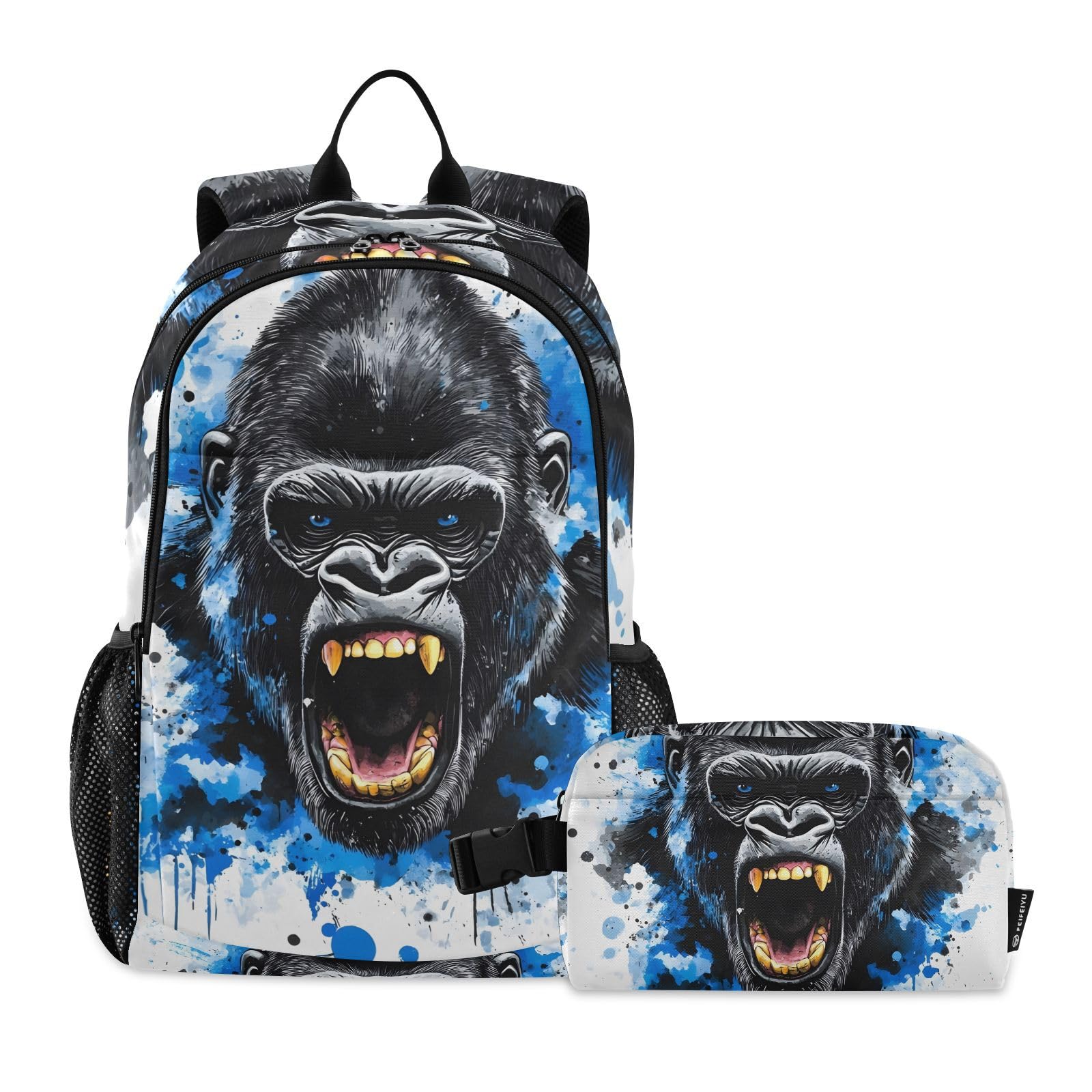ALAZA King Kong - Set zaino e borsa per il pranzo con viso blu, per ragazze e ragazzi, borsa per la scuola, librerie, zaino elementare, zaino casual