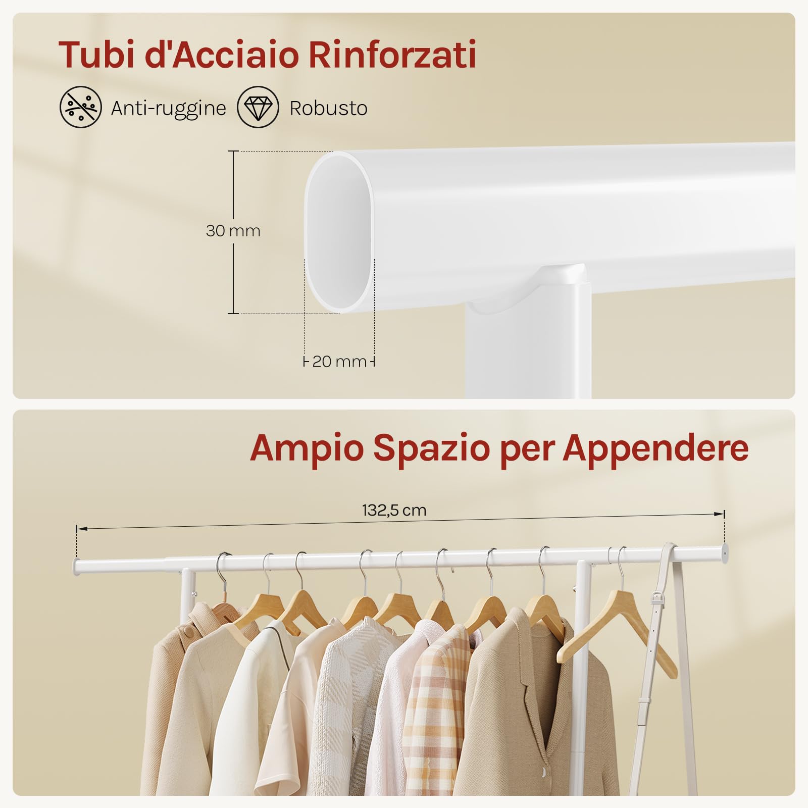 WOLTU Appendiabiti da Terra con Ruote, Attaccapanni con Ripiano Inferiore, Barra Estensibile e Altezza Regolabile, per Soggiorno, Camera da Letto, Bianco