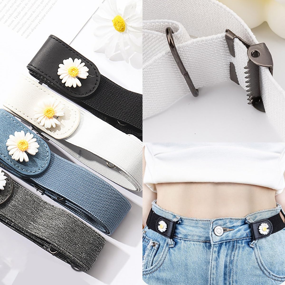 No Buckle Elastic Belt with Daisy Design, Women's Invisible Stretch Belt for Jeans, 4 Colors Pack, Black White Blue Gray - Image 2