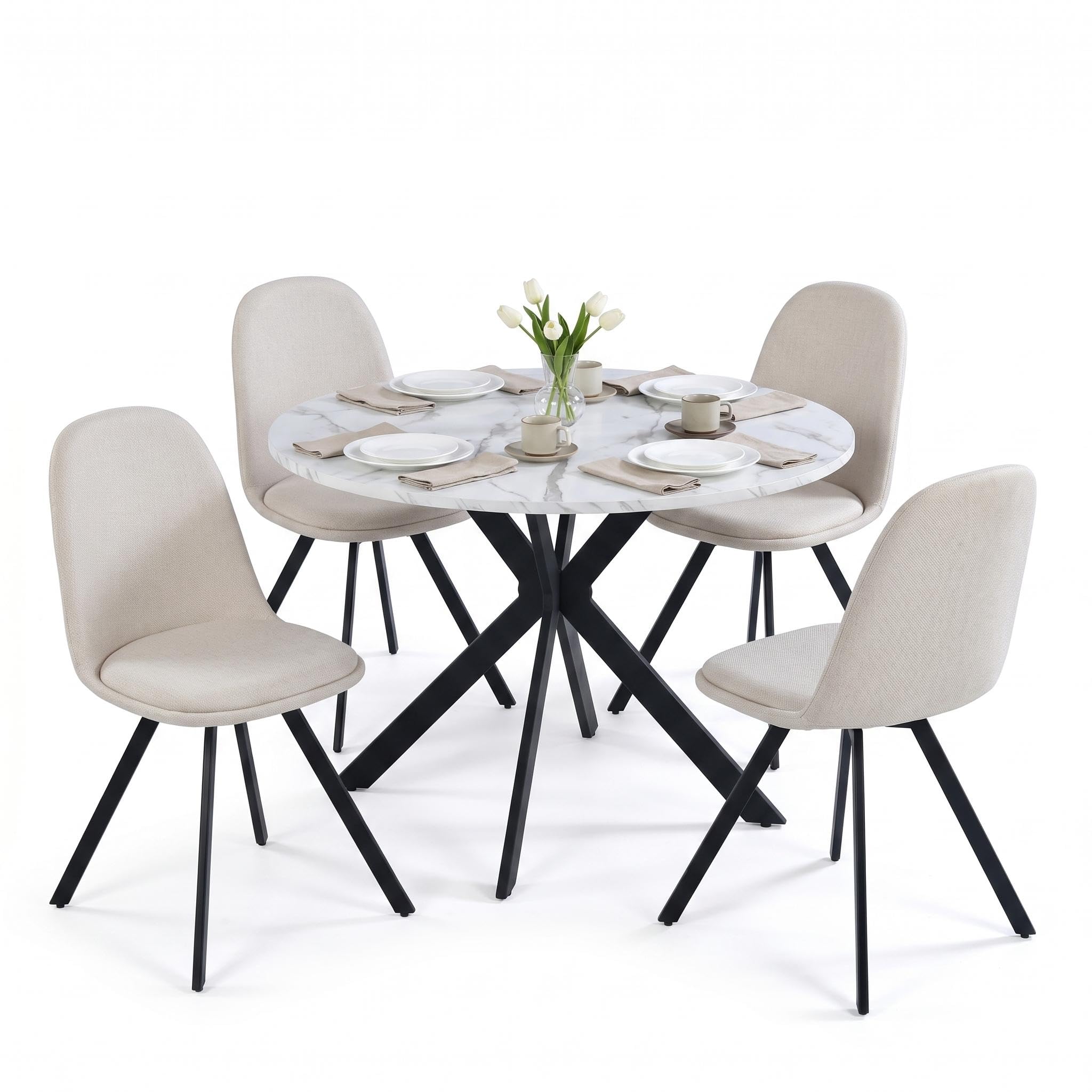 HOMYLIN Ensemble de salle à manger 5 pièces avec table ronde en MDF de 110 cm aspect marbre blanc et 4 chaises pivotantes, table avec cadre en X noir, chaises en tissu beige pour cuisine et salle à