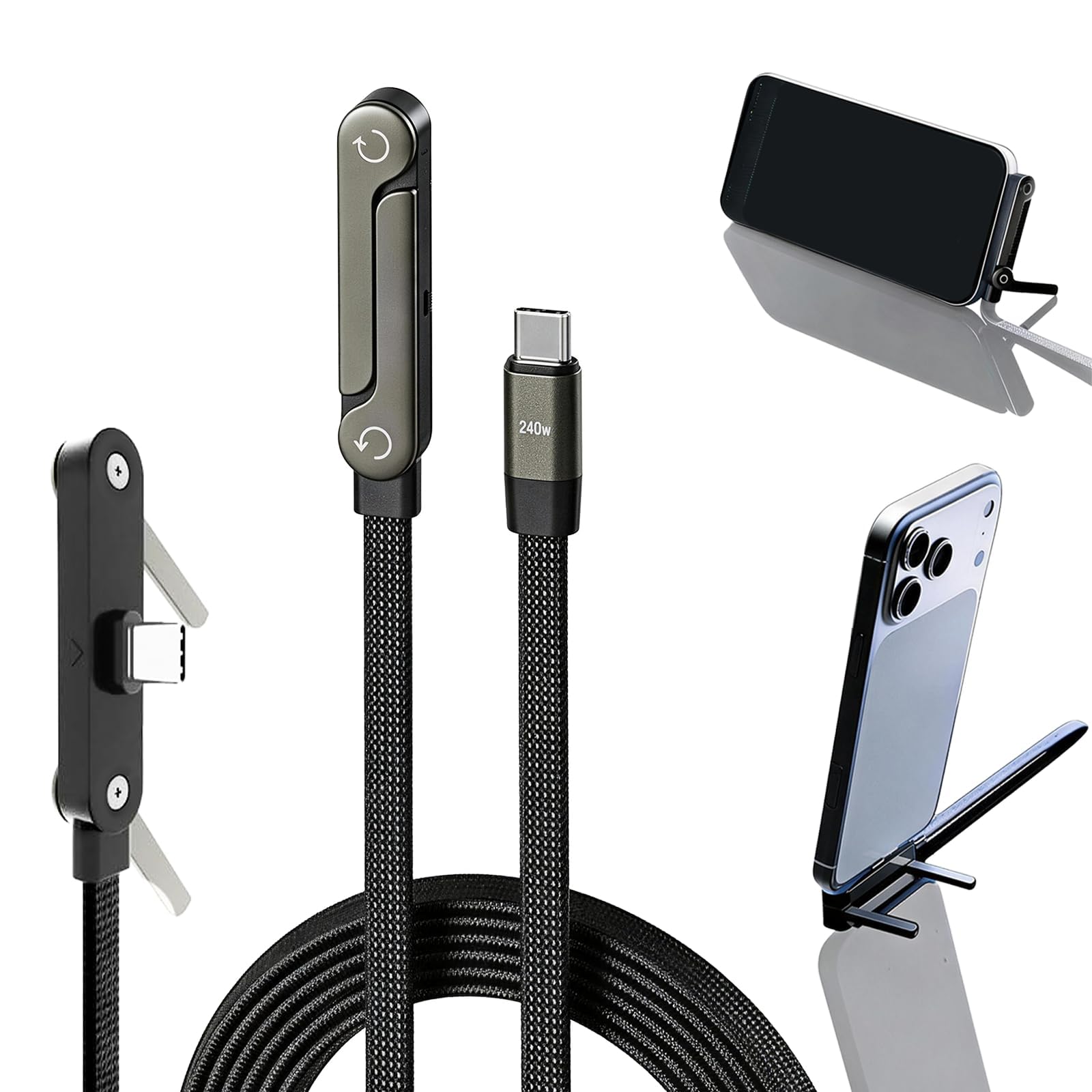 nnOuOnn Invisible Foldable Holder Charger Cable with Stand, 240w Fast Charging Stand Sideways Data Cables with Bendphone Accessories, Flat USB c 5 FT/150cm, for iPhone 17 Series, S25 S24 Ultra