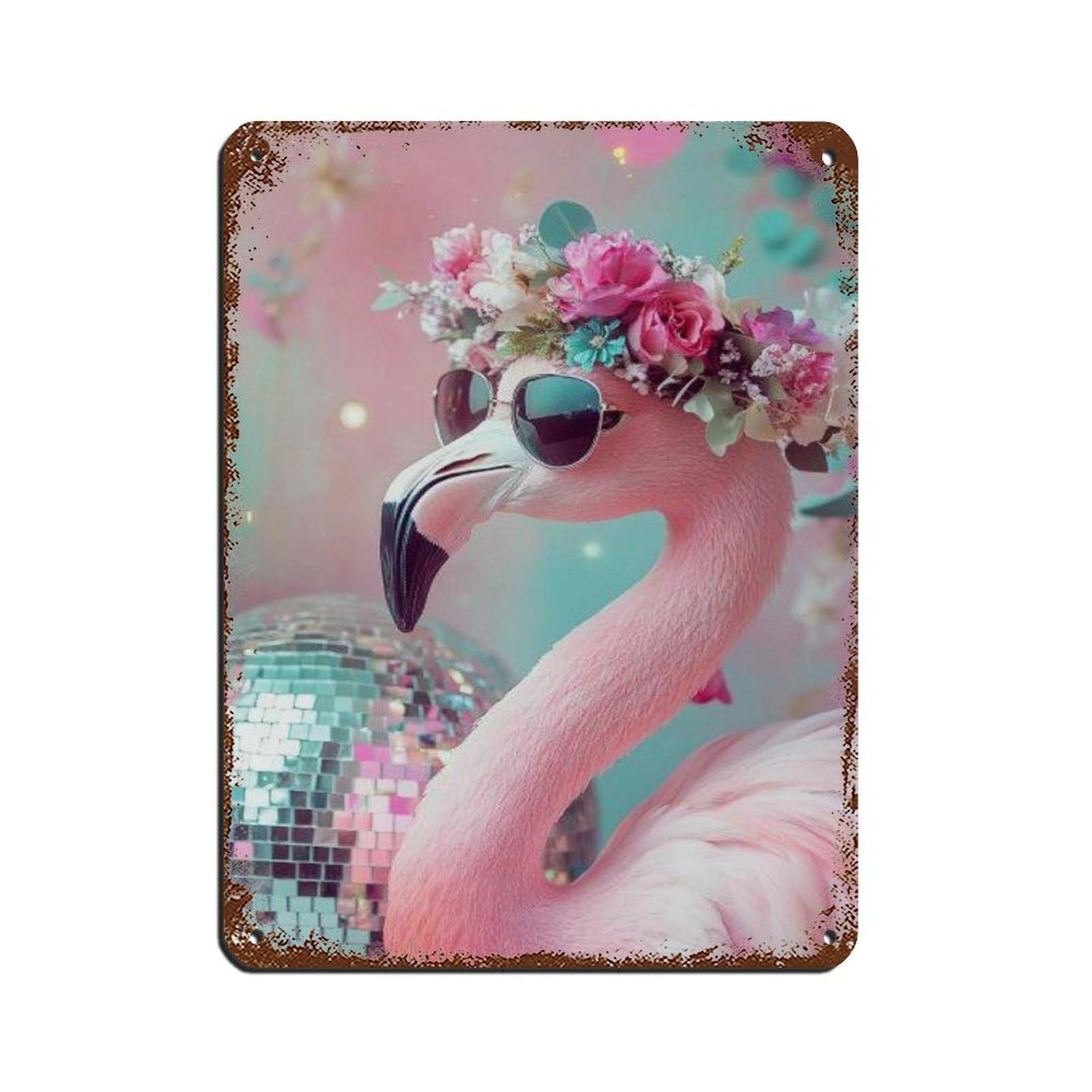 Lxwnze 30L X 40W Cm Flamingo Pink Flamingo With Floral Crown Tin Sign Vintage Metal Pub Club Cafe Bar Home Wall Art Decoration Poster Retro 12X16inch(30X40cm)