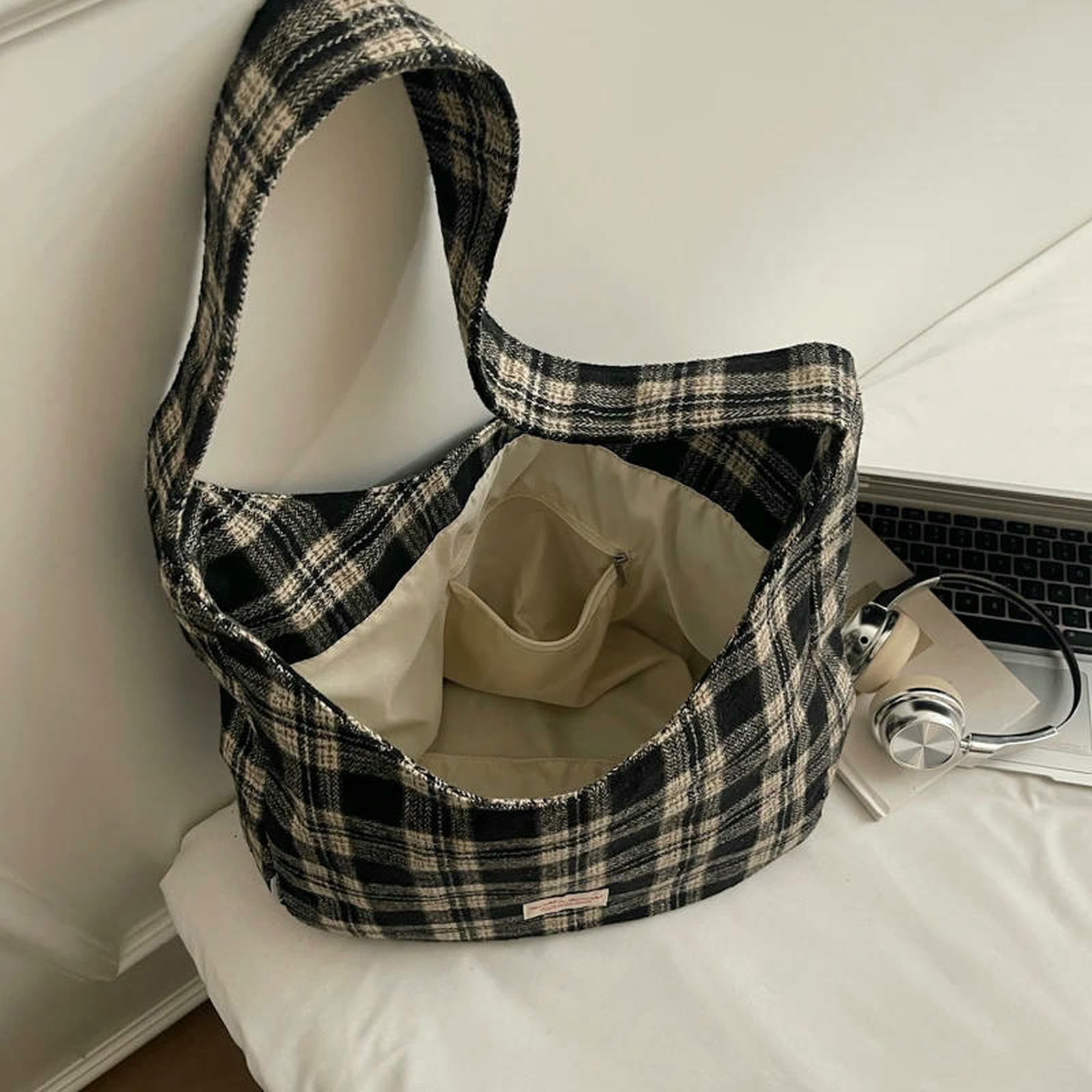 Borsa Donna Elegante Hobo A Quadretti Tracolla Scozzese retrò in Tela Leggera per Le Donne Ogni Giorno-Blu