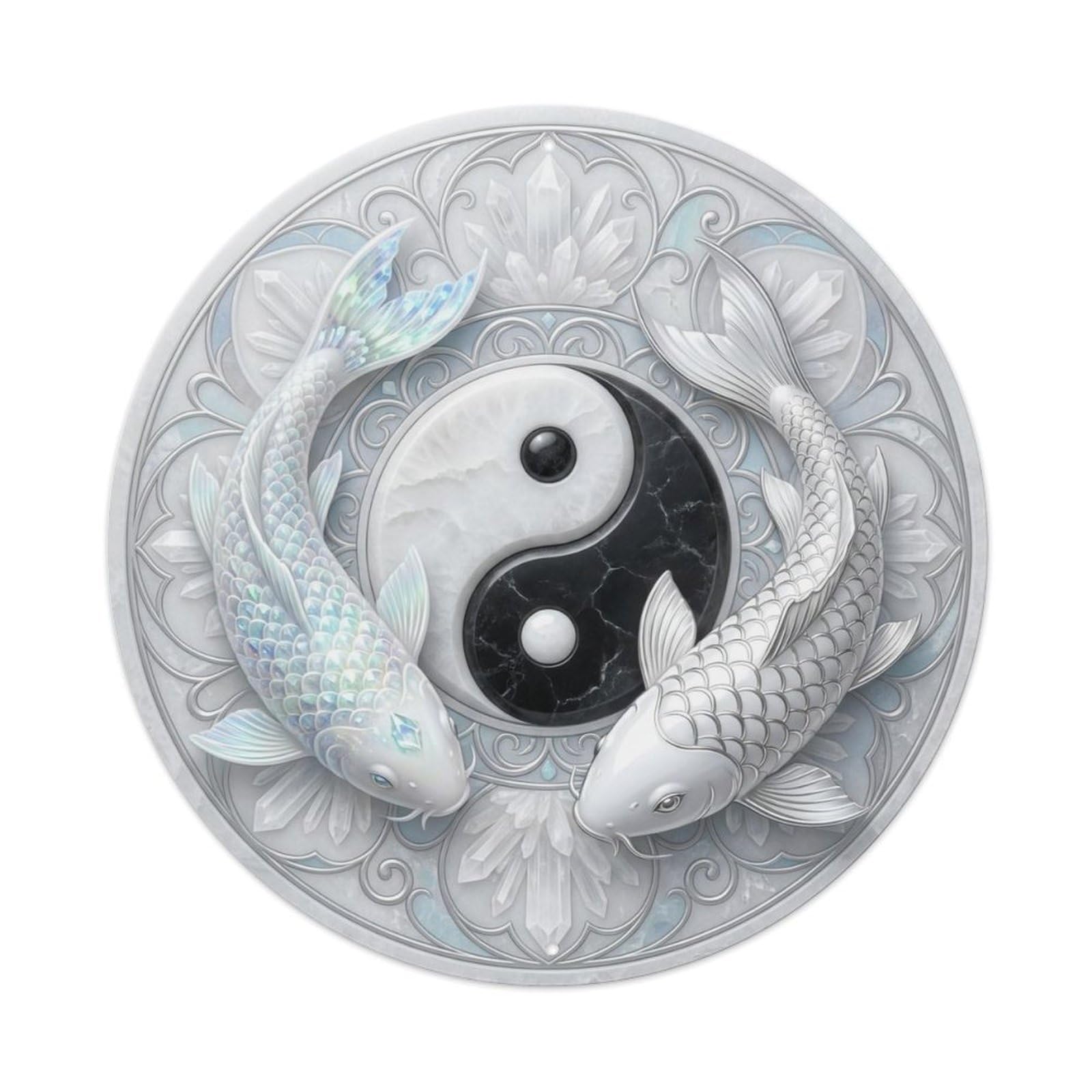 Tai Chi Koi Fish Scolecite White Stone Pure Crystal Calm Metal Tin Sign