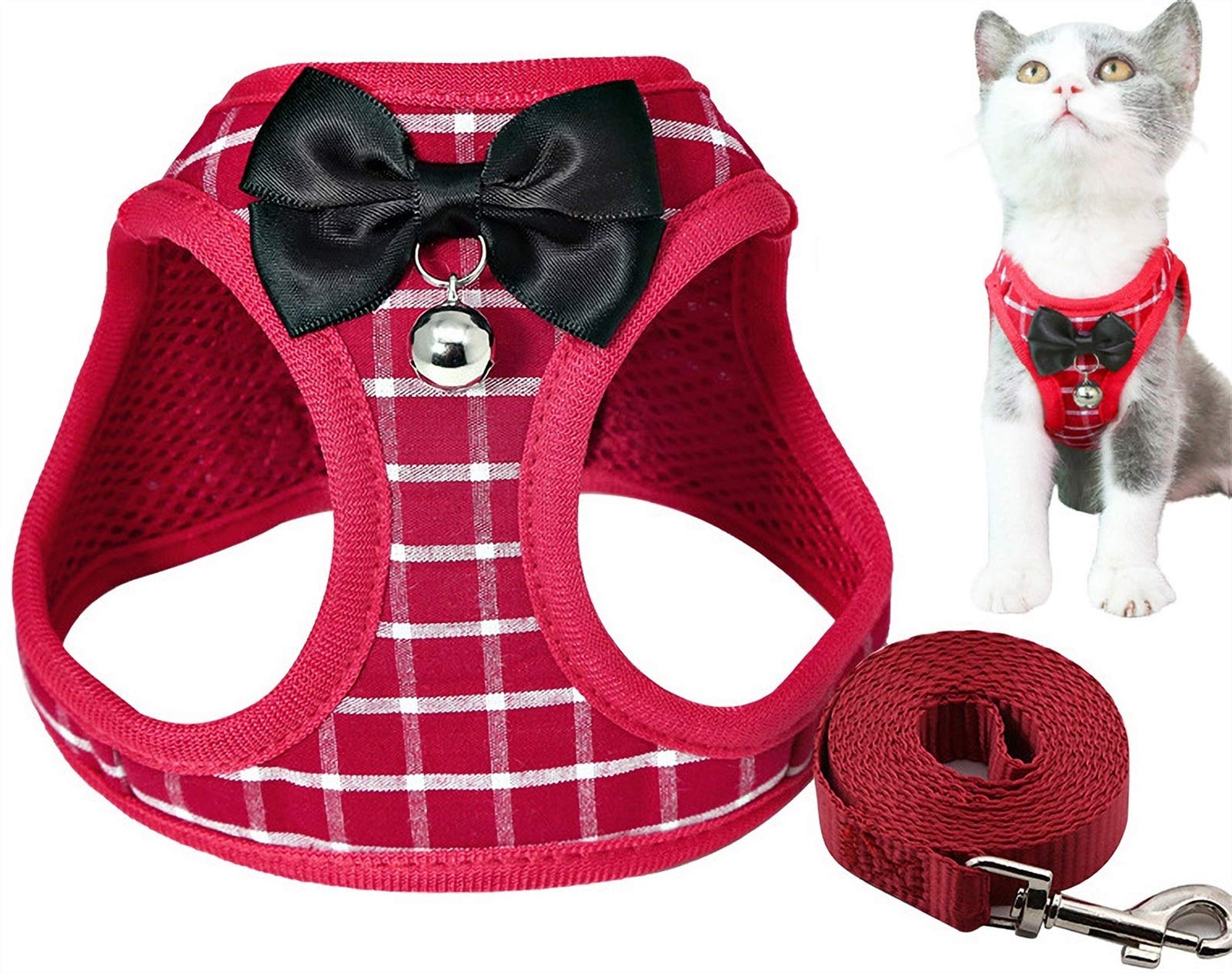 Tartan Dog Harness, Soft Dog Harness and Lead Set with Cute Bow Tie ＆ Bell for Puppy Small Dogs Large Cats (Color : Red, Size : Xxs)